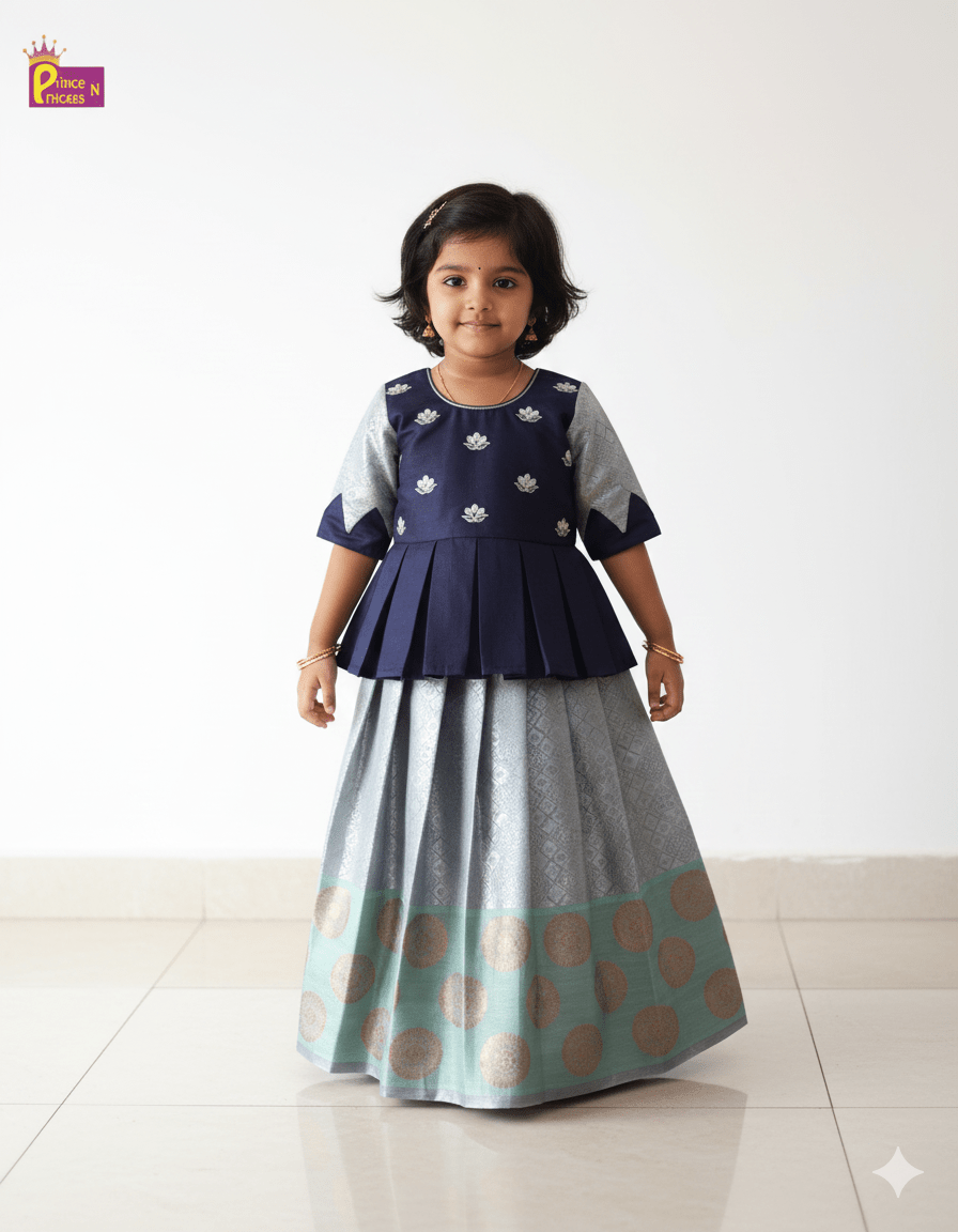 Kids Grand Navy Embroidery Aari Work Pattu Pavadai PPP1373 - Prince N Princess