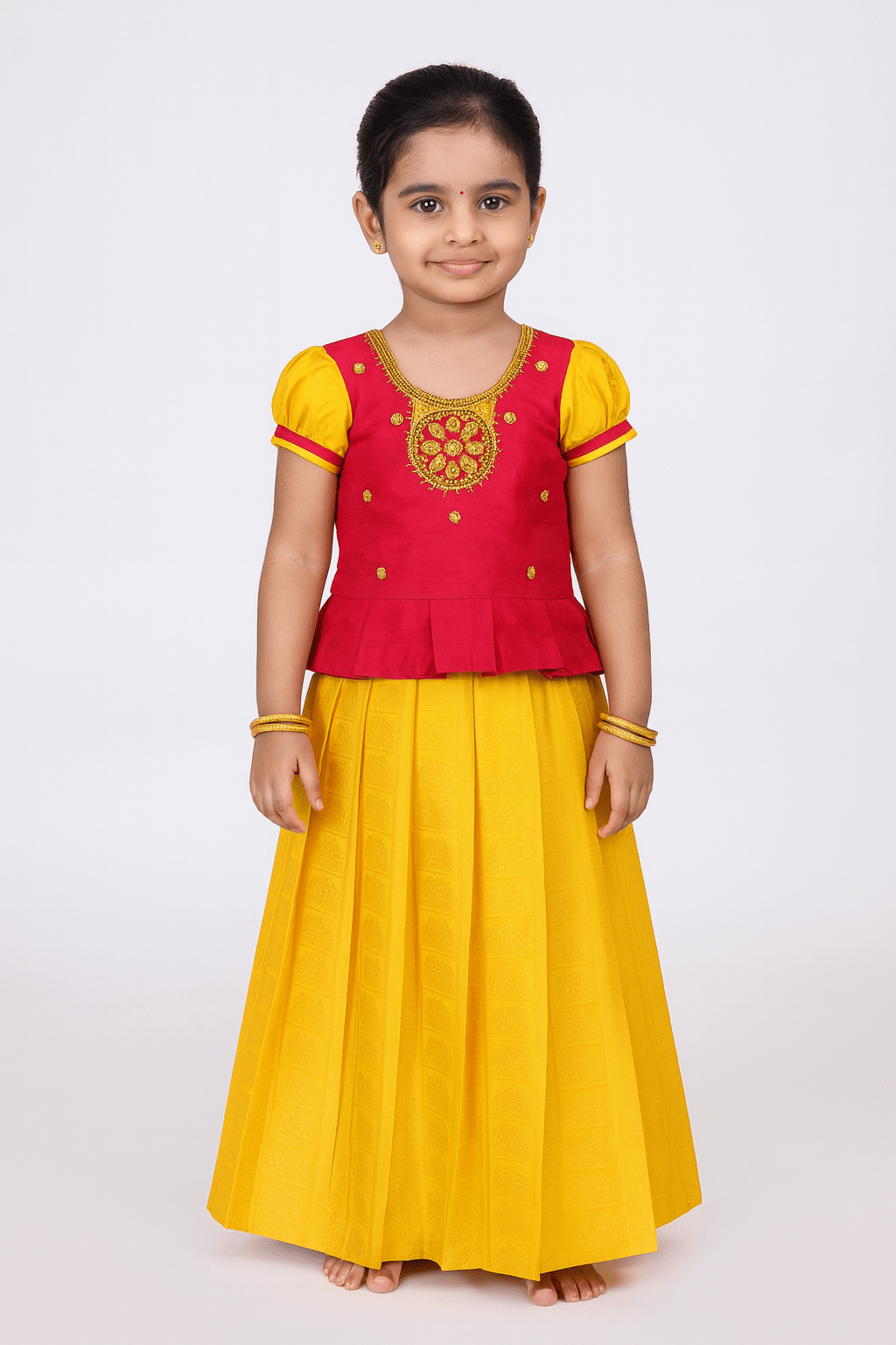 Kids Grand Pink And Golden Embroidery Aari Work Pattu Pavadai PPP858 - Prince N Princess