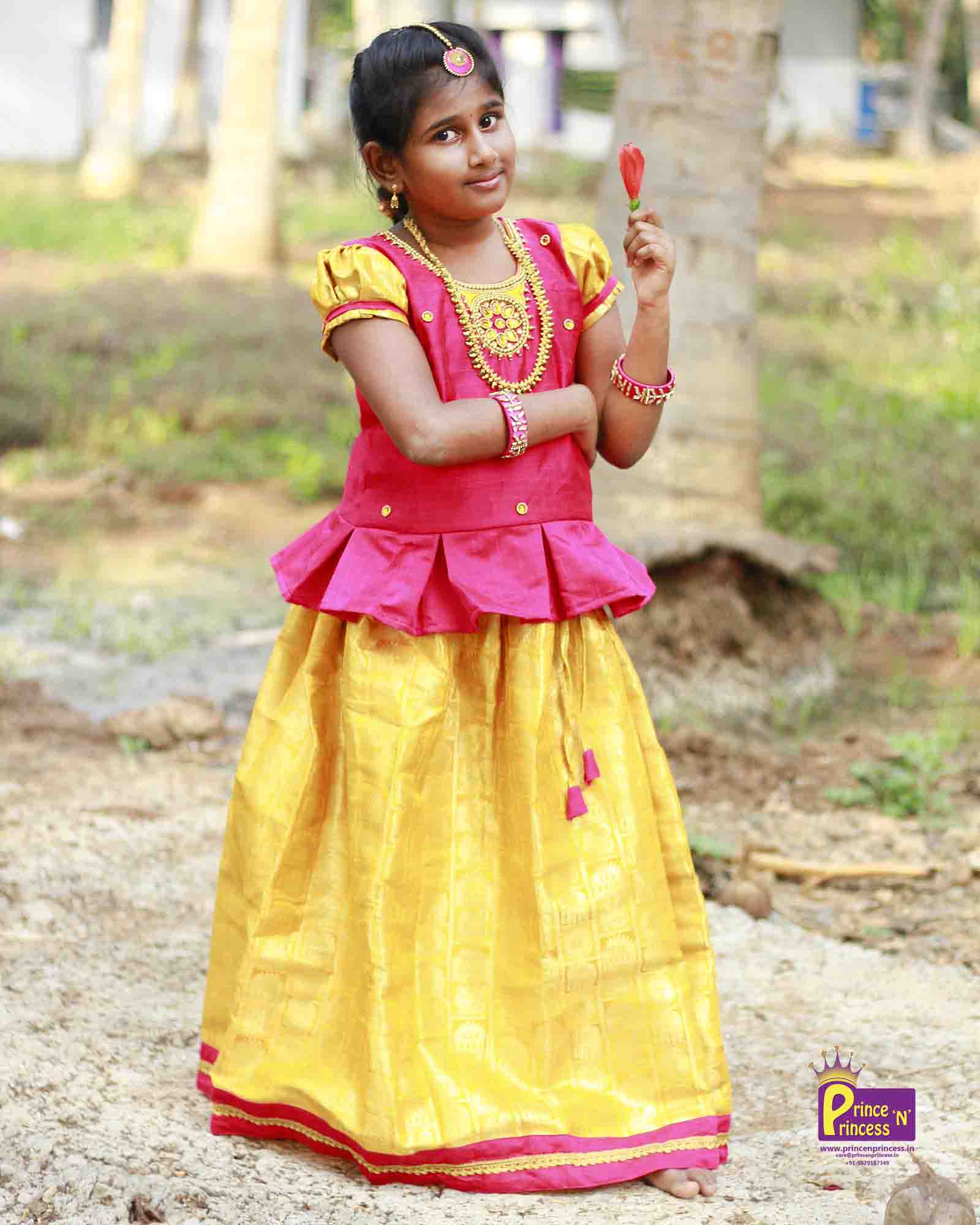 Kids Grand Pink And Golden Embroidery Aari Work Pattu Pavadai PPP858 - Prince N Princess