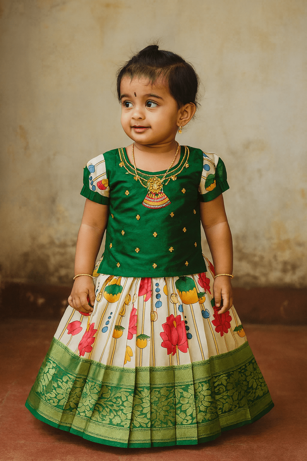 Kids Green AARI Work Digital Print Banarasi Designer Pattu Pavadai PPP1342 - Prince N Princess