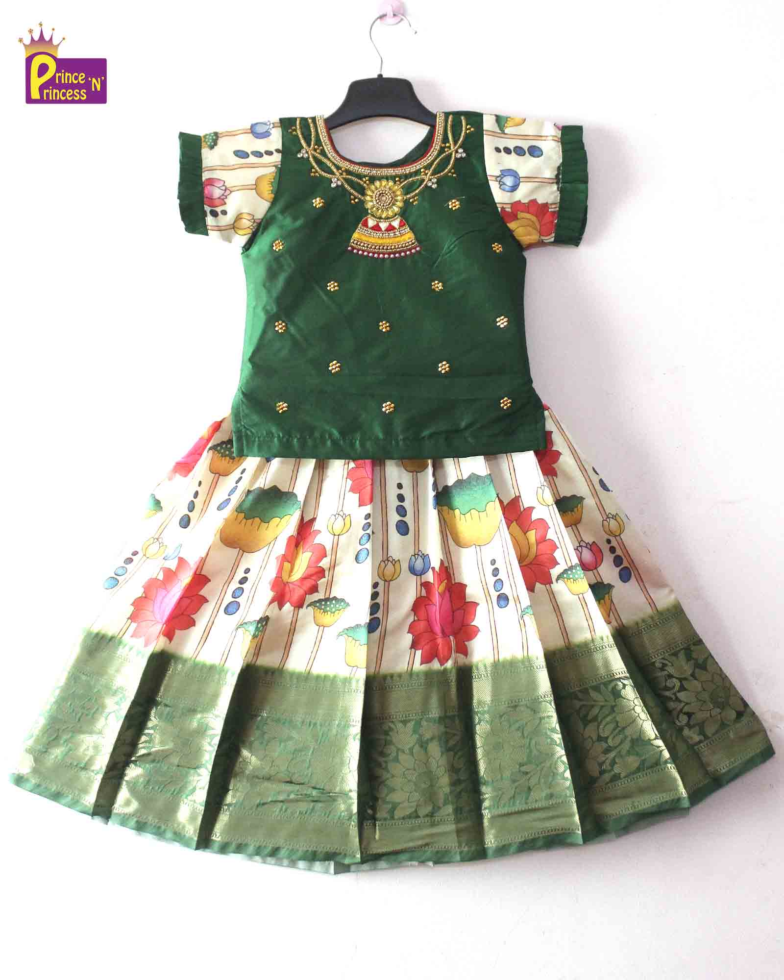 Kids Green AARI Work Digital Print Banarasi Designer Pattu Pavadai PPP1342 - Prince N Princess