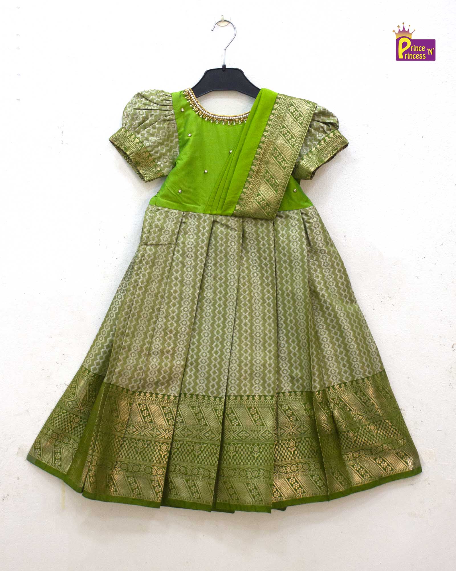 Kids Green Aari work Traditional Gown PG586 - Prince N Princess