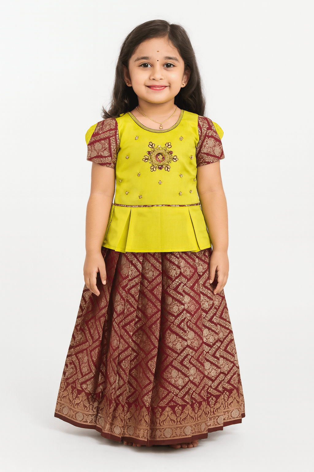 Kids Green and Maroon Traditional AARI Work pattu Pavadai PPP1535 - Prince N Princess