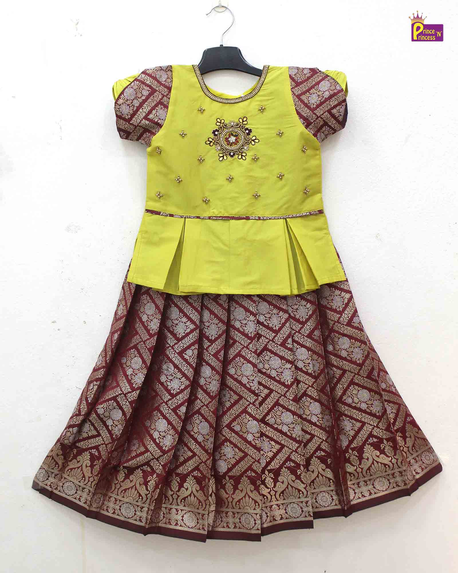 Kids Green and Maroon Traditional AARI Work pattu Pavadai PPP1535 - Prince N Princess