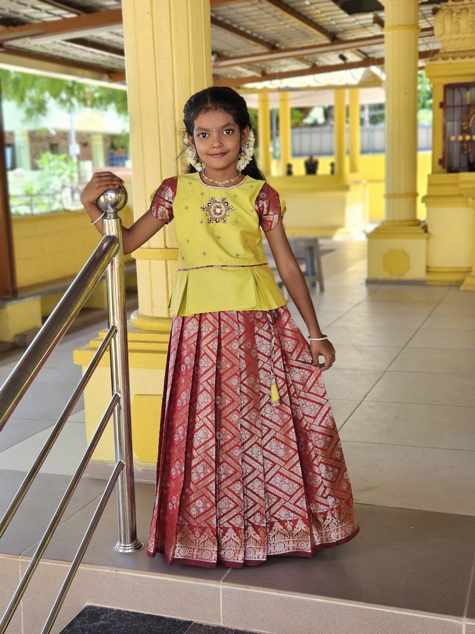 Kids Green and Maroon Traditional AARI Work pattu Pavadai PPP1535 - Prince N Princess