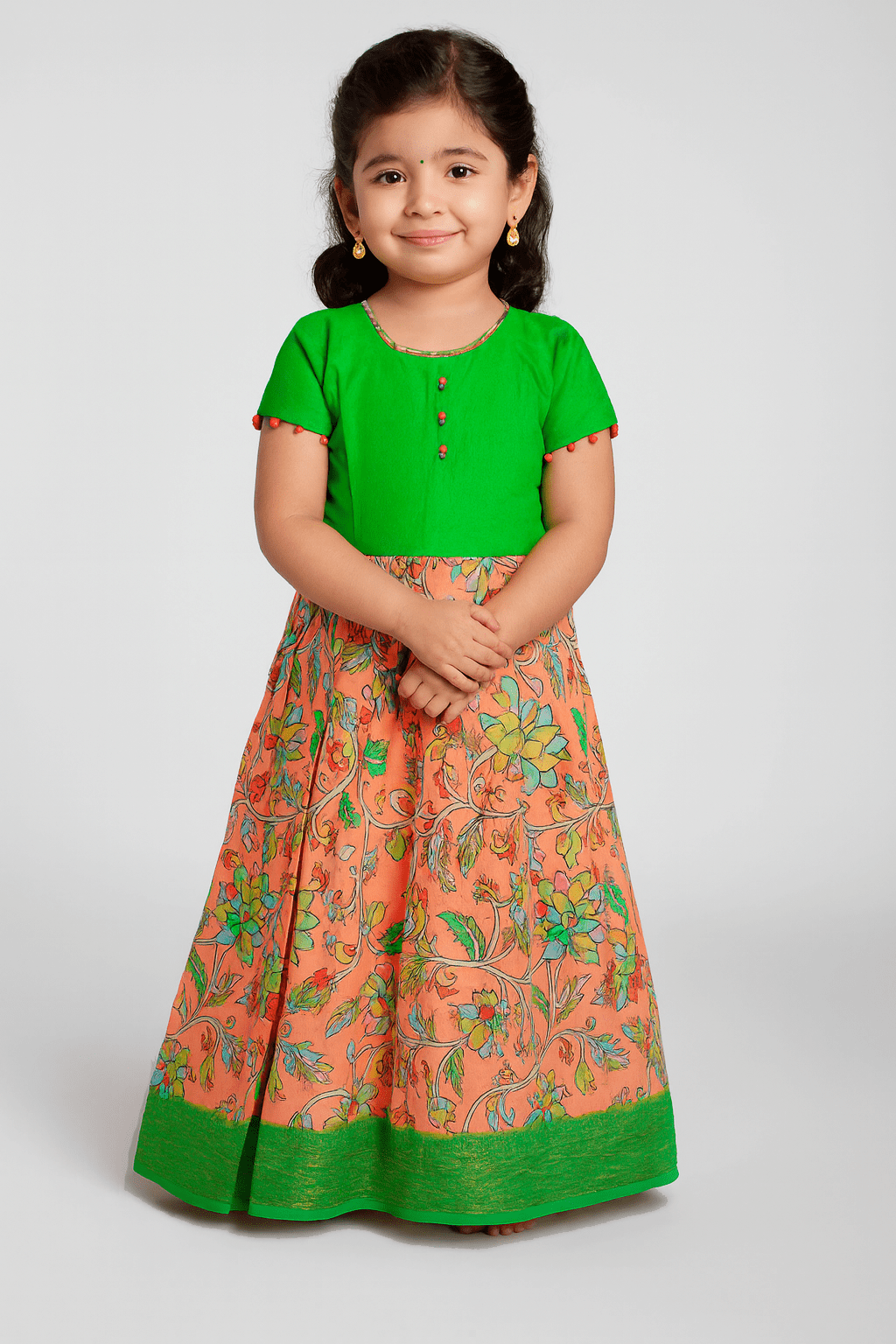 Kids Green And Orange Kalamkari Gown PG401 - Prince N Princess