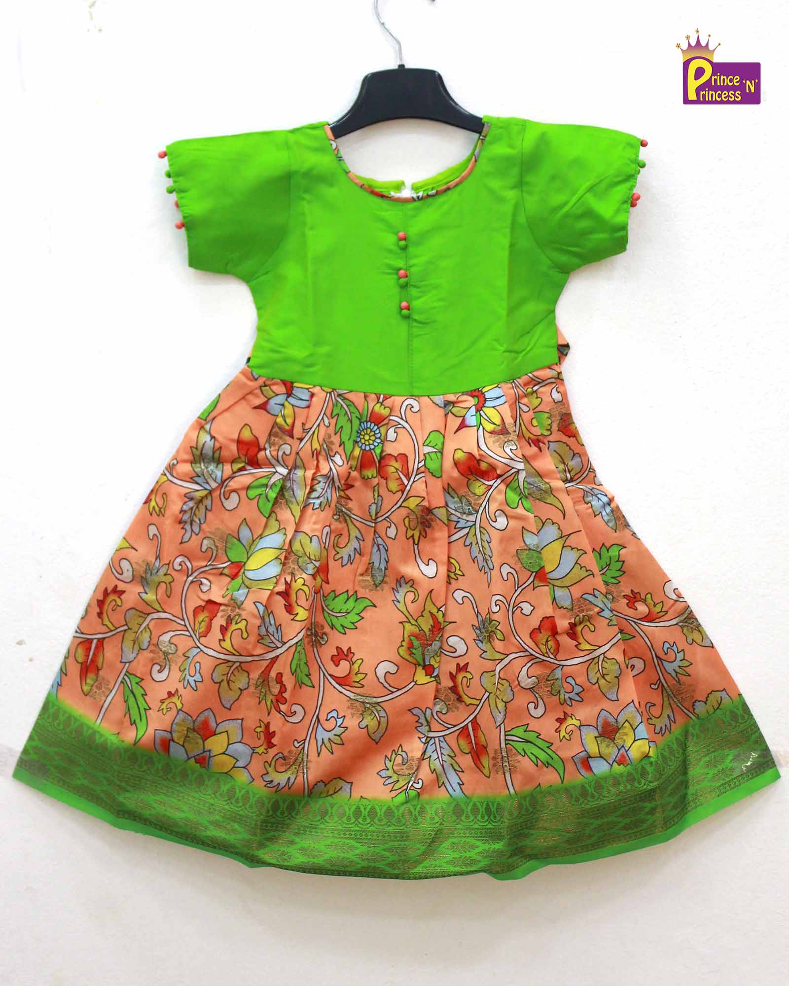 Kids Green And Orange Kalamkari Gown PG401 - Prince N Princess