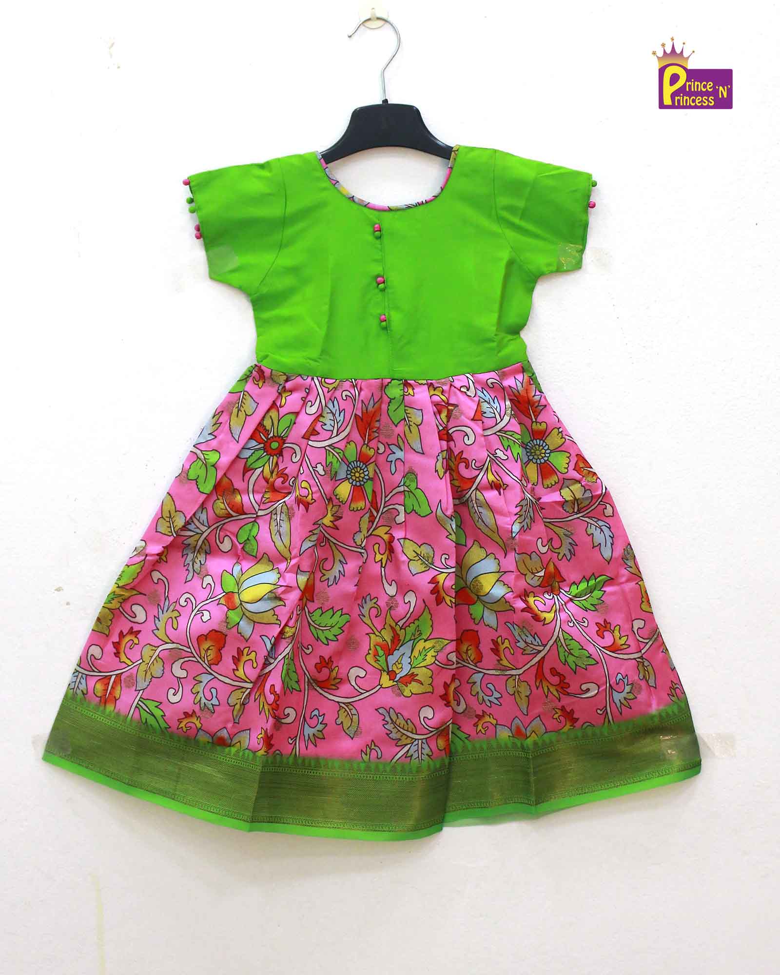 Kids Green And Pink Kalamkari Gown PG391 - Prince N Princess