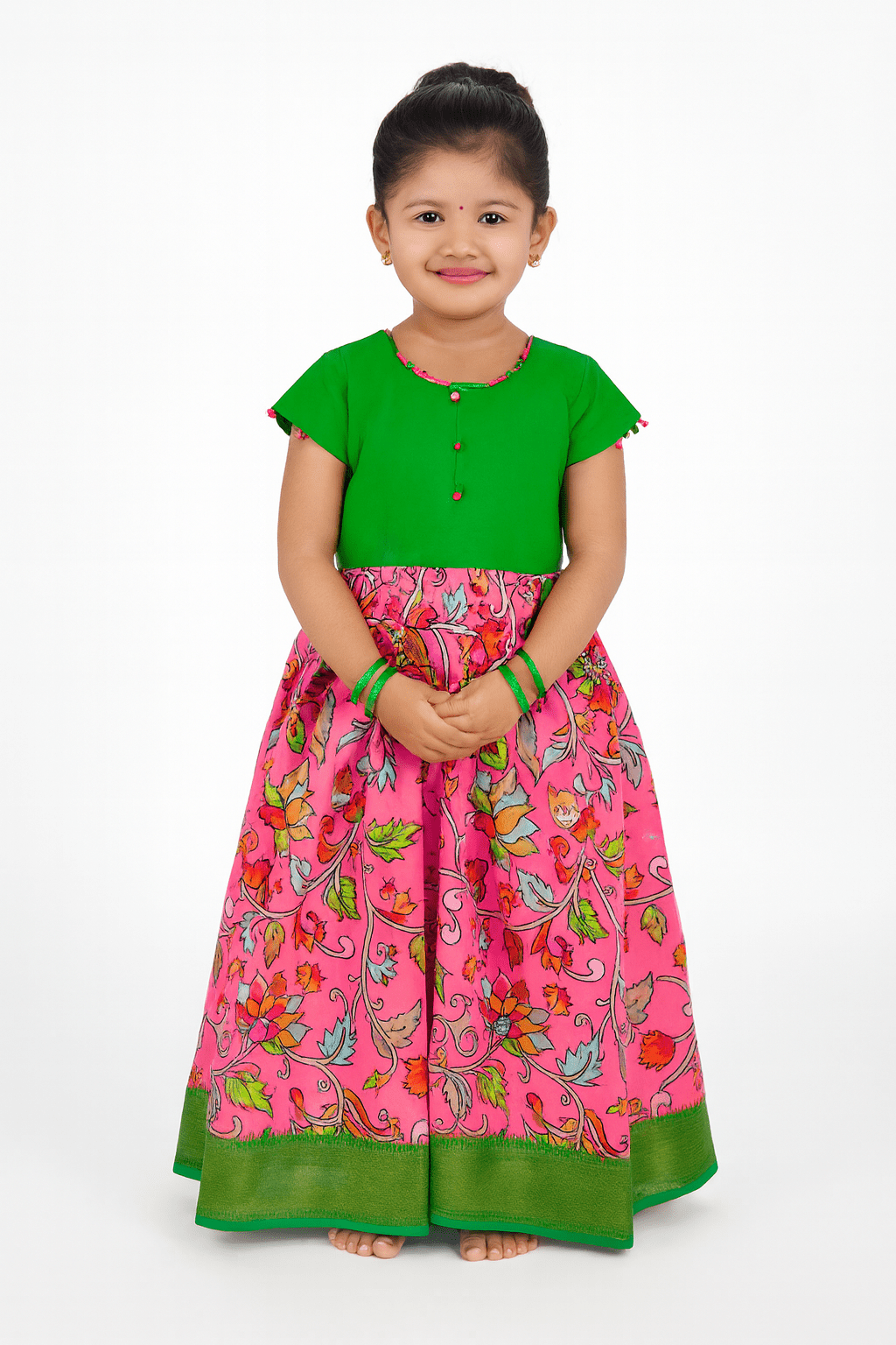 Kids Green And Pink Kalamkari Gown PG391 - Prince N Princess