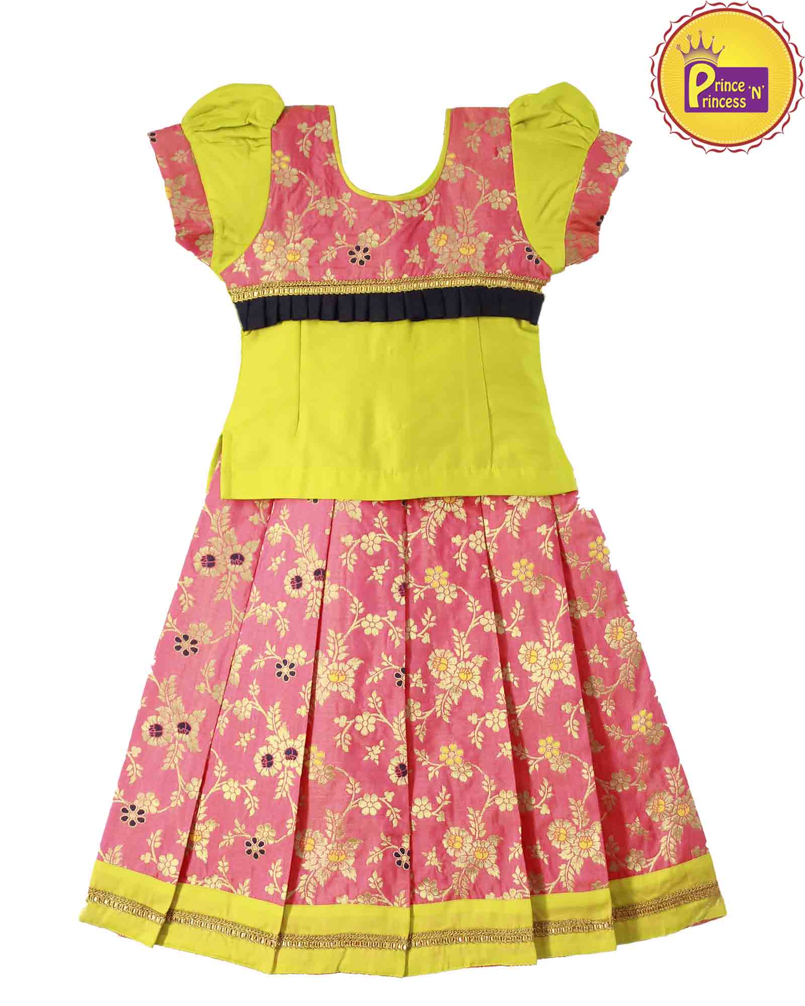 Kids Green And Pink Traditional Pattu Pavadai PPP885 - Prince N Princess