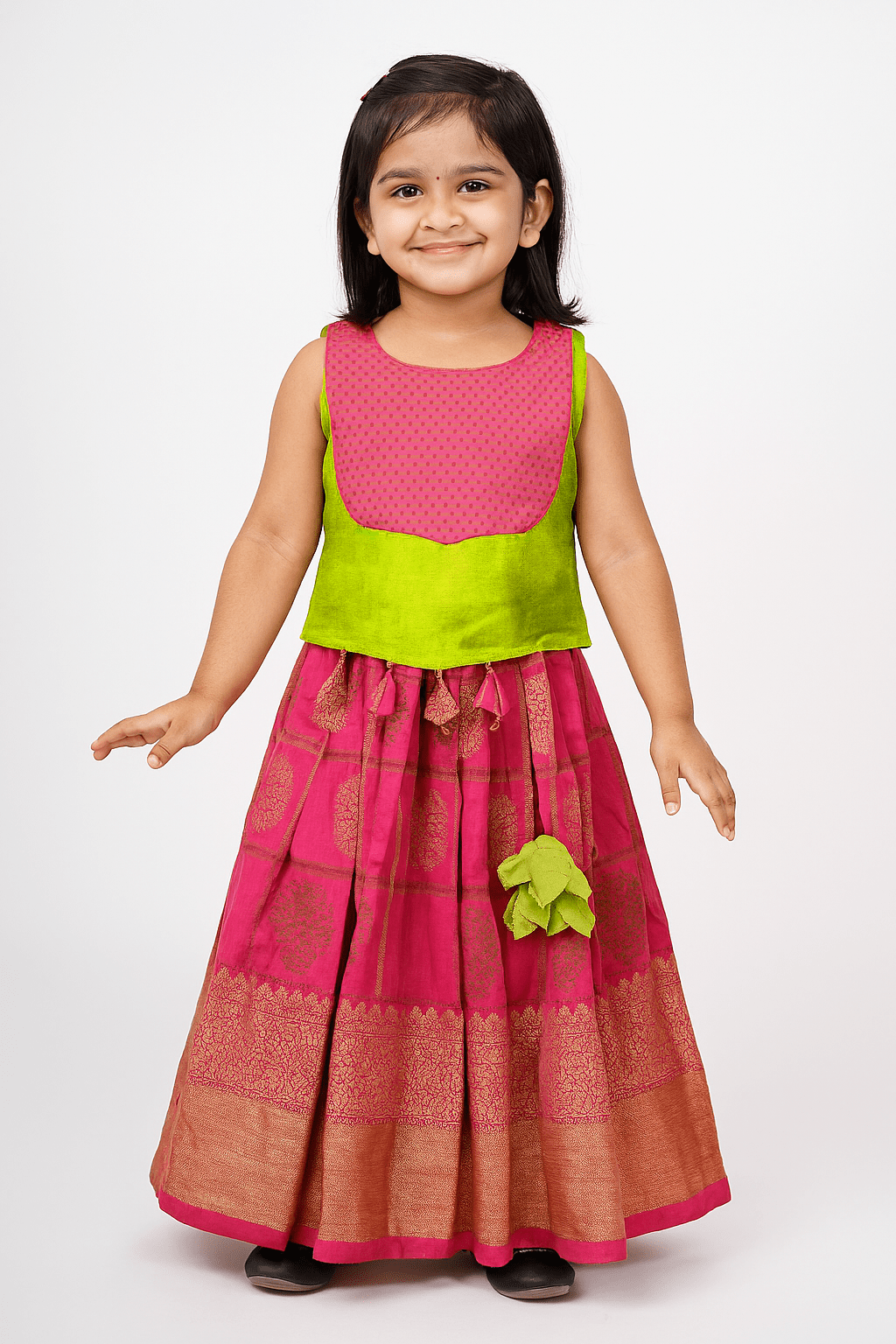 Kids Green And Pink Trendy Pattu pavadai PPP1761 - Prince N Princess