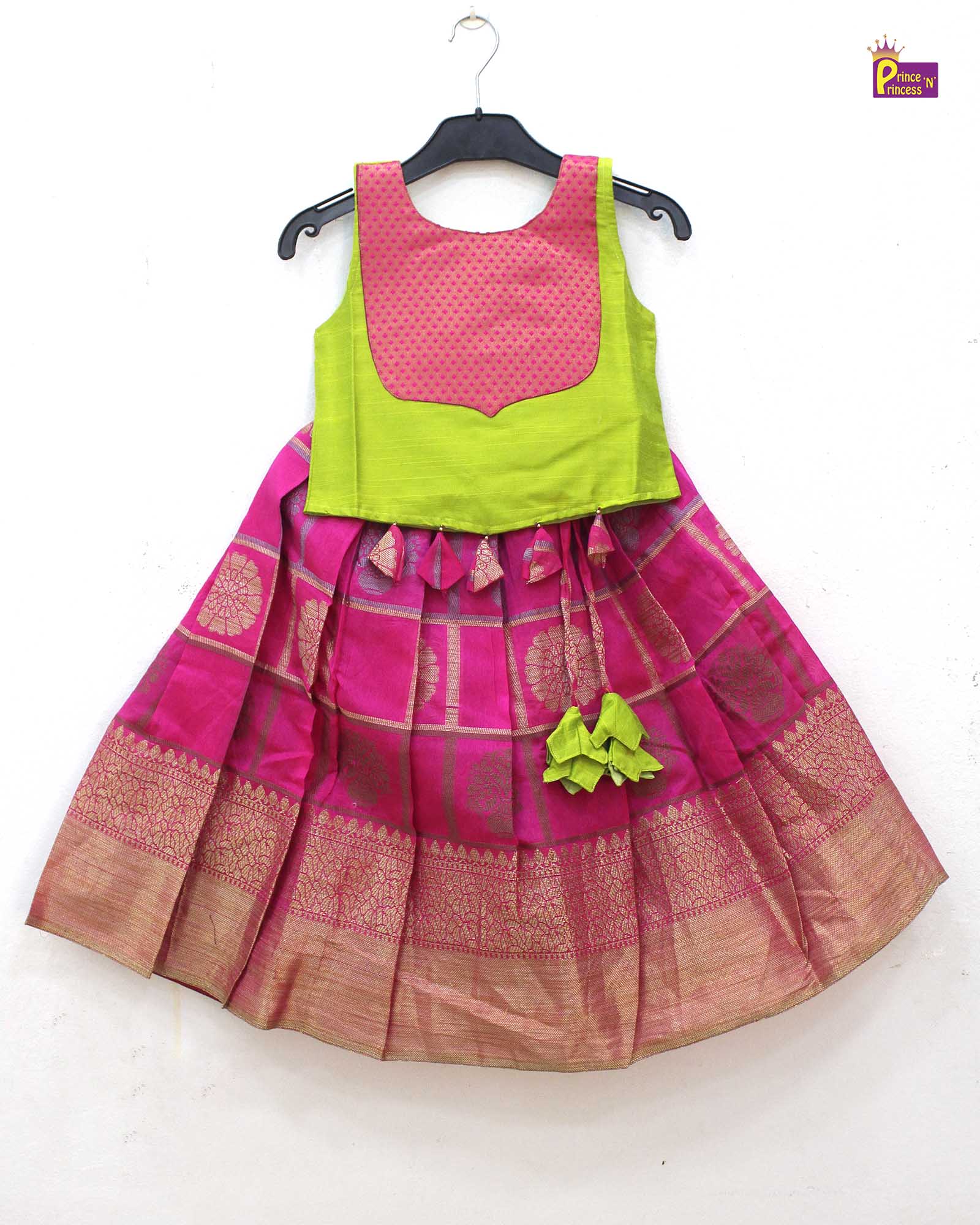 Kids Green And Pink Trendy Pattu pavadai PPP1761 - Prince N Princess