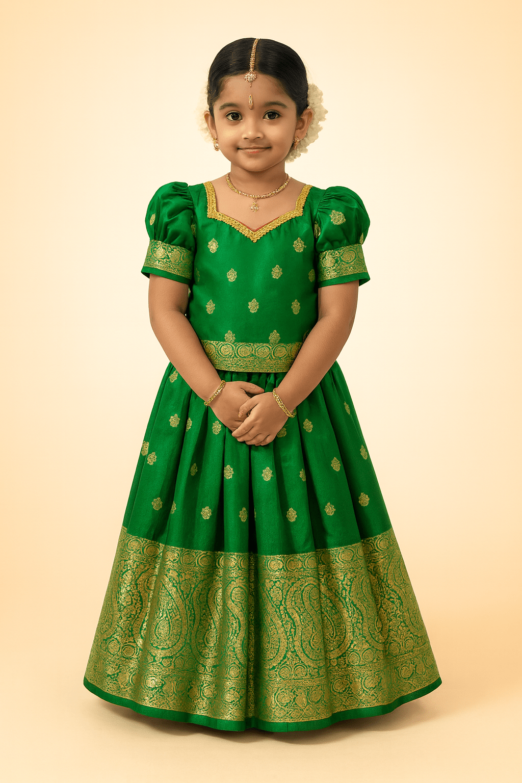 traditional green pattu pavadai star neck puff sleeve festival dress princenprincess