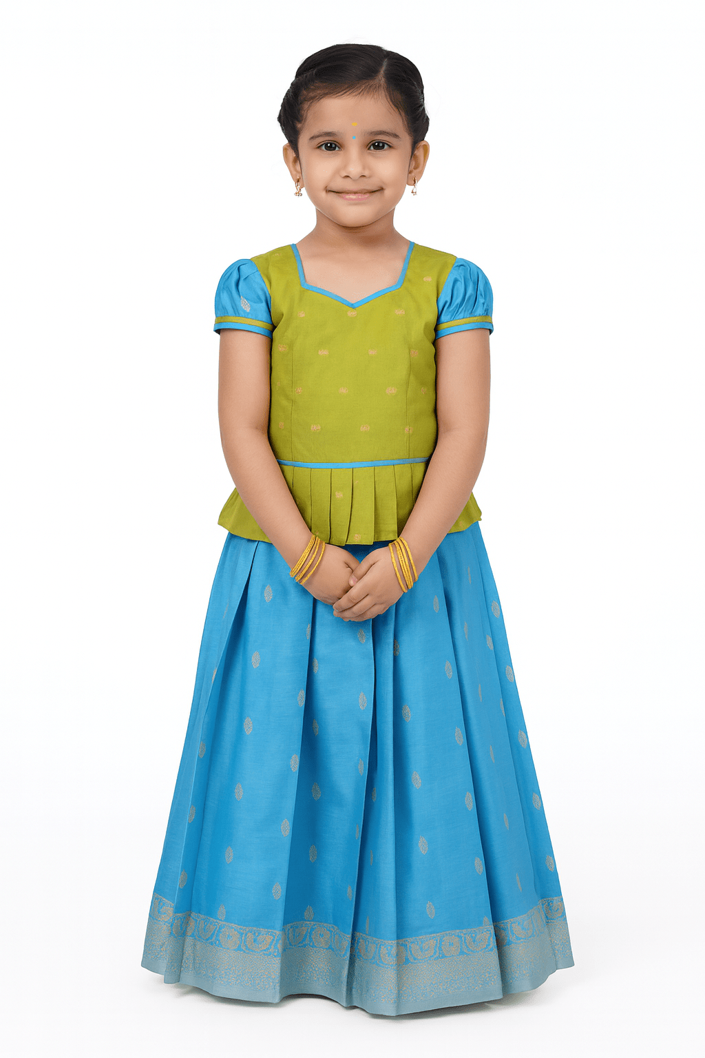 Kids Green Blue Traditional Pattu Pavadai PPP1198 - Prince N Princess