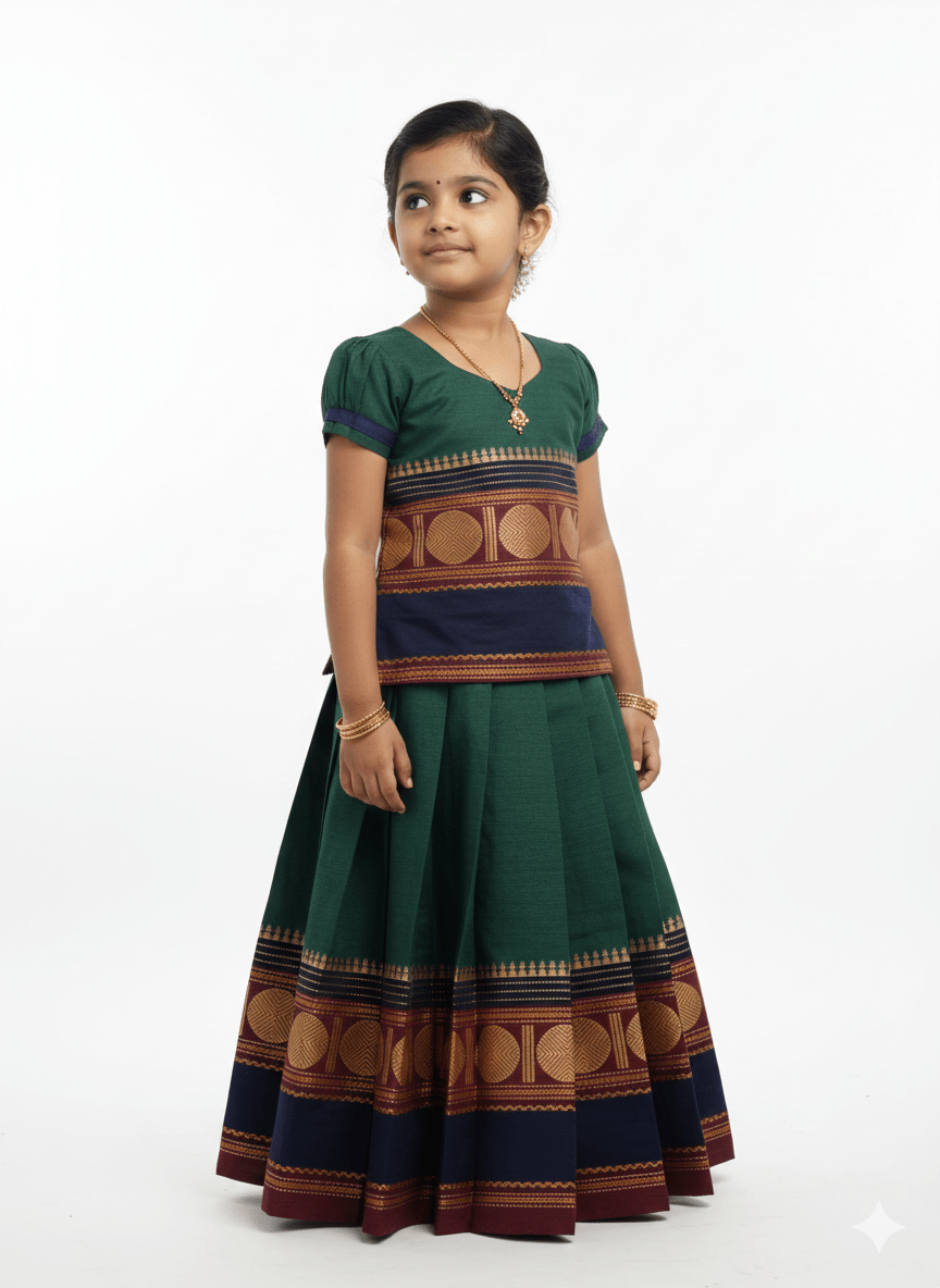 Kids Green Chettinad Cotton Traditional Pavadai Sattai PPP188 for kids festival wear