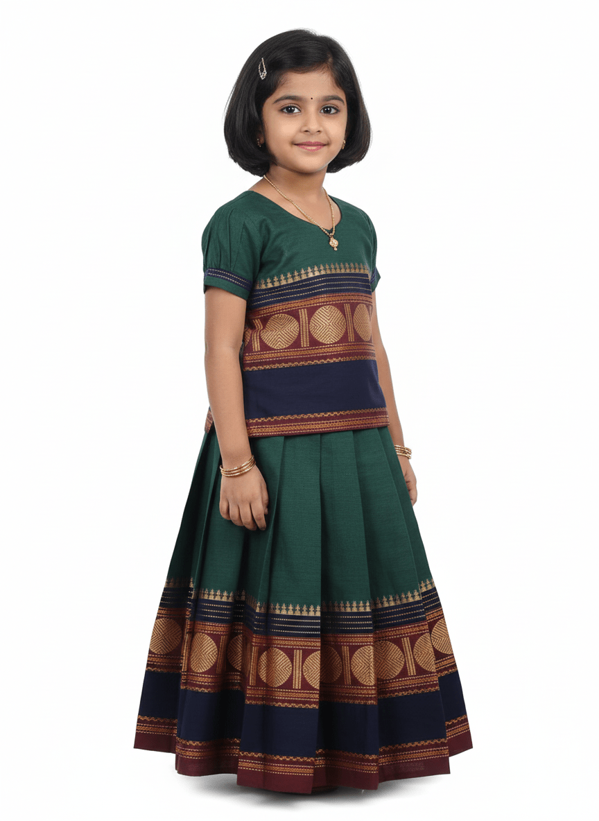 Kids Green Chettinad Cotton Traditional Pavadai Sattai PPP188 for kids festival wear