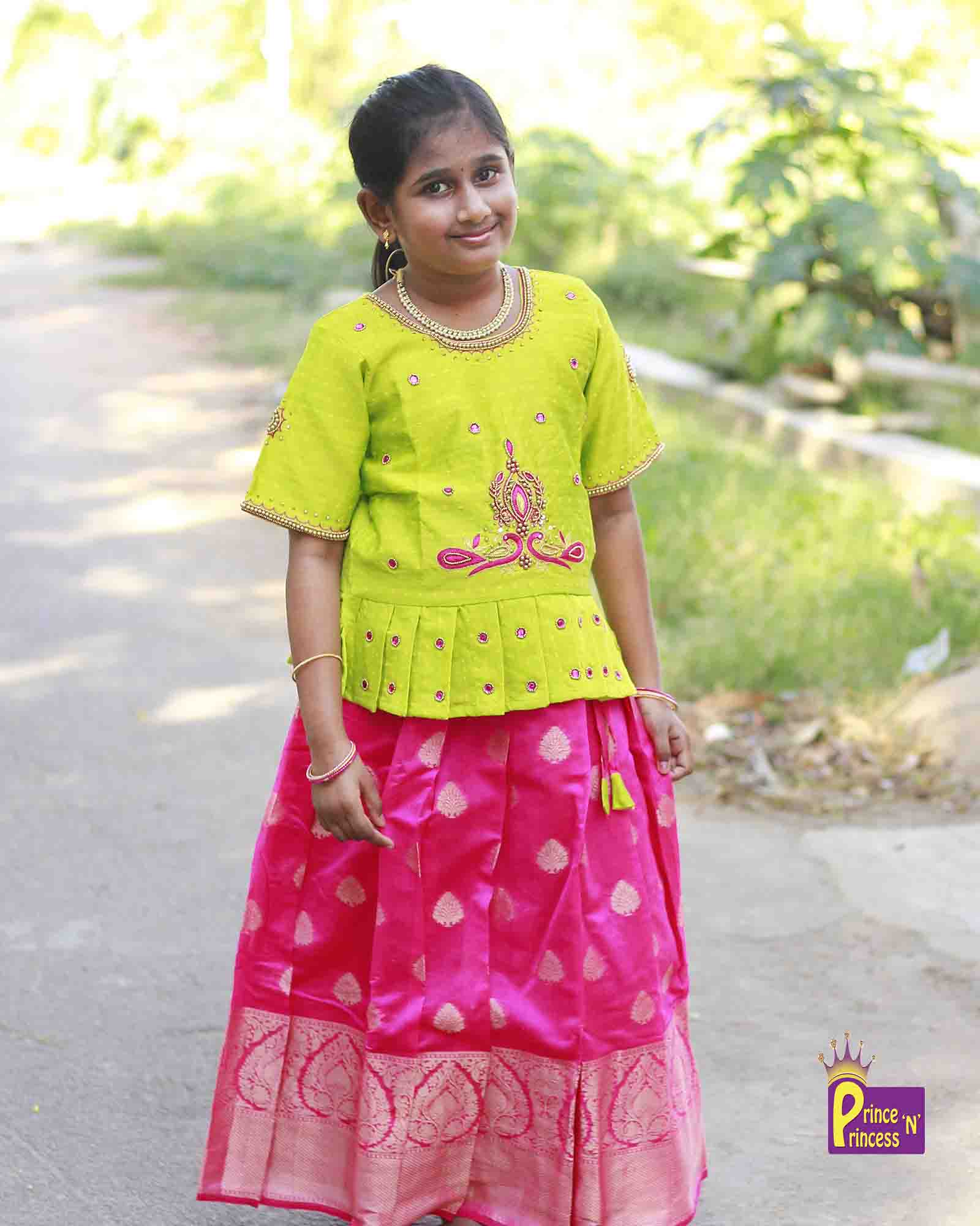 Kids Green Pink AARI Work Pattu Pavadai PPP779 - Prince N Princess