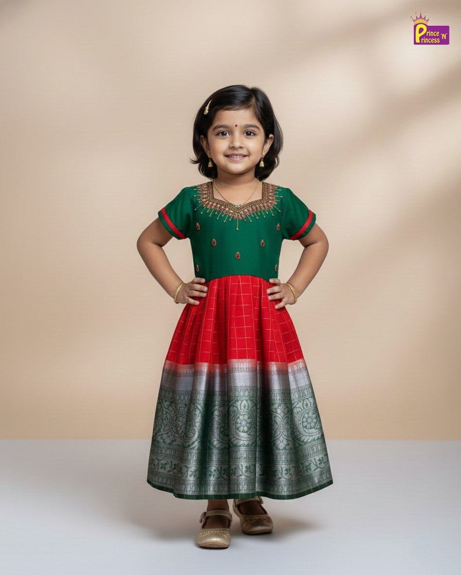 Kids Green Red Organza AARI Ethnic Party Gown PG253 - Prince N Princess