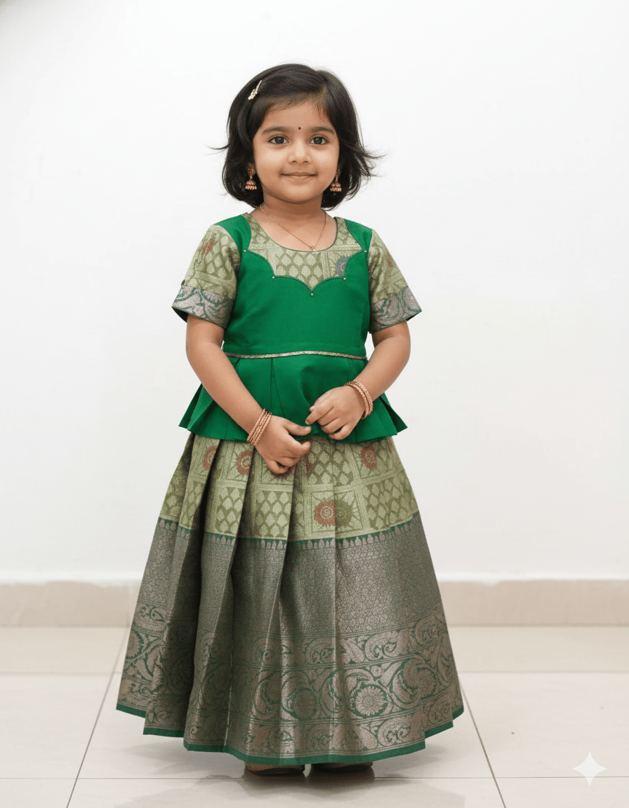 Kids Green Tissue Designer Pattu Pavadai PPP1455 - Prince N Princess