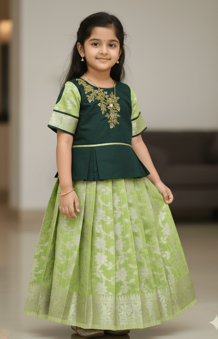 Kids Green Traditional AARI Work Pattu Pavadai PPP1556 - Prince N Princess