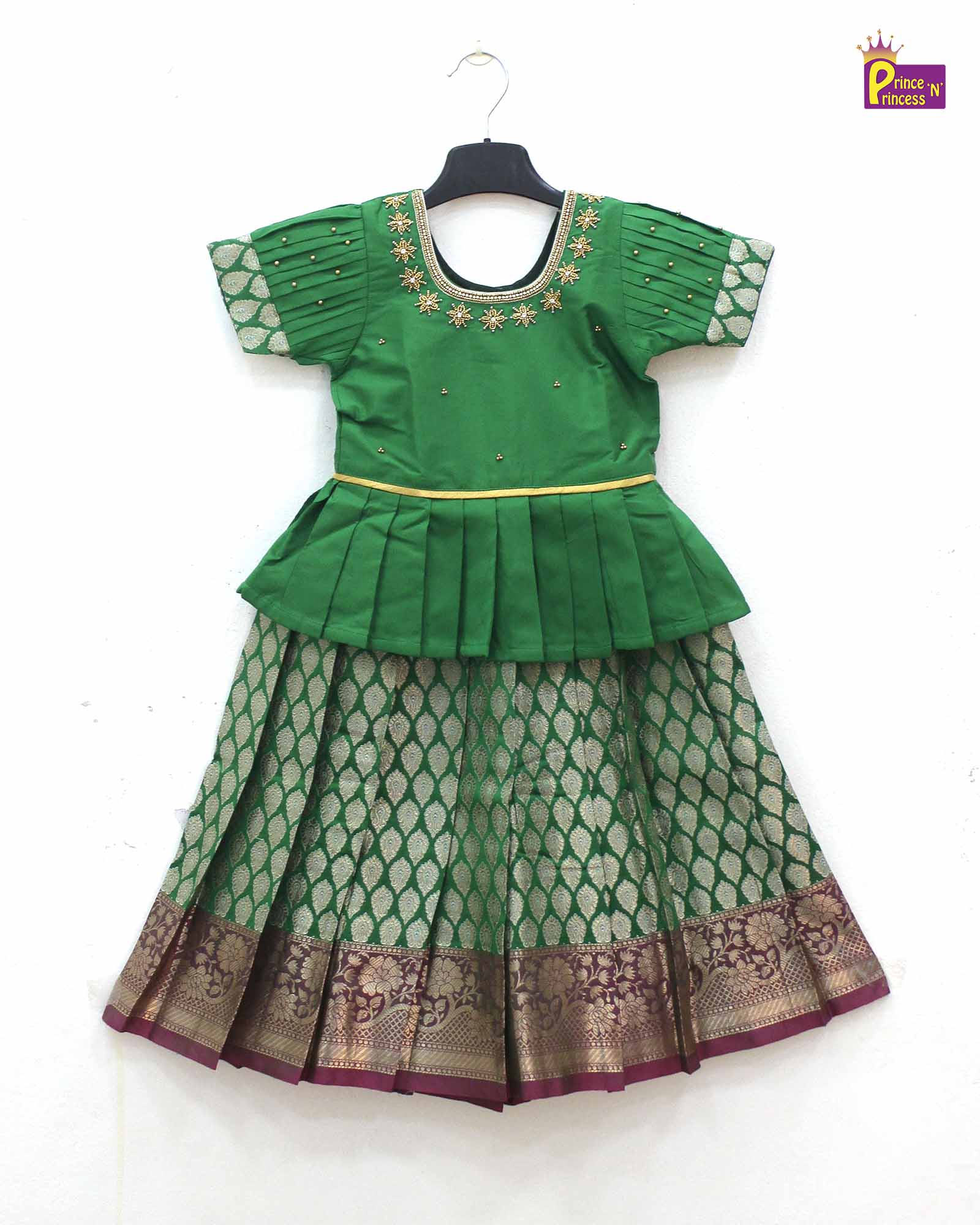 Kids Green Traditional AARI Work pattu Pavadai PPP1595 - Prince N Princess