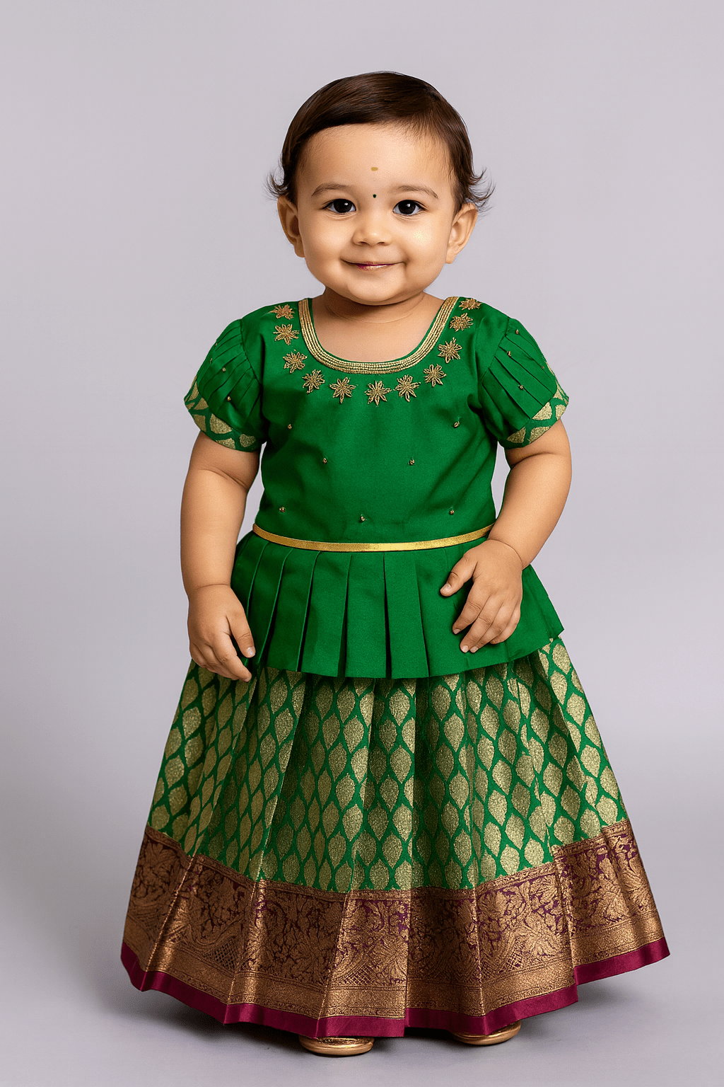 Kids Green Traditional AARI Work pattu Pavadai PPP1595 - Prince N Princess