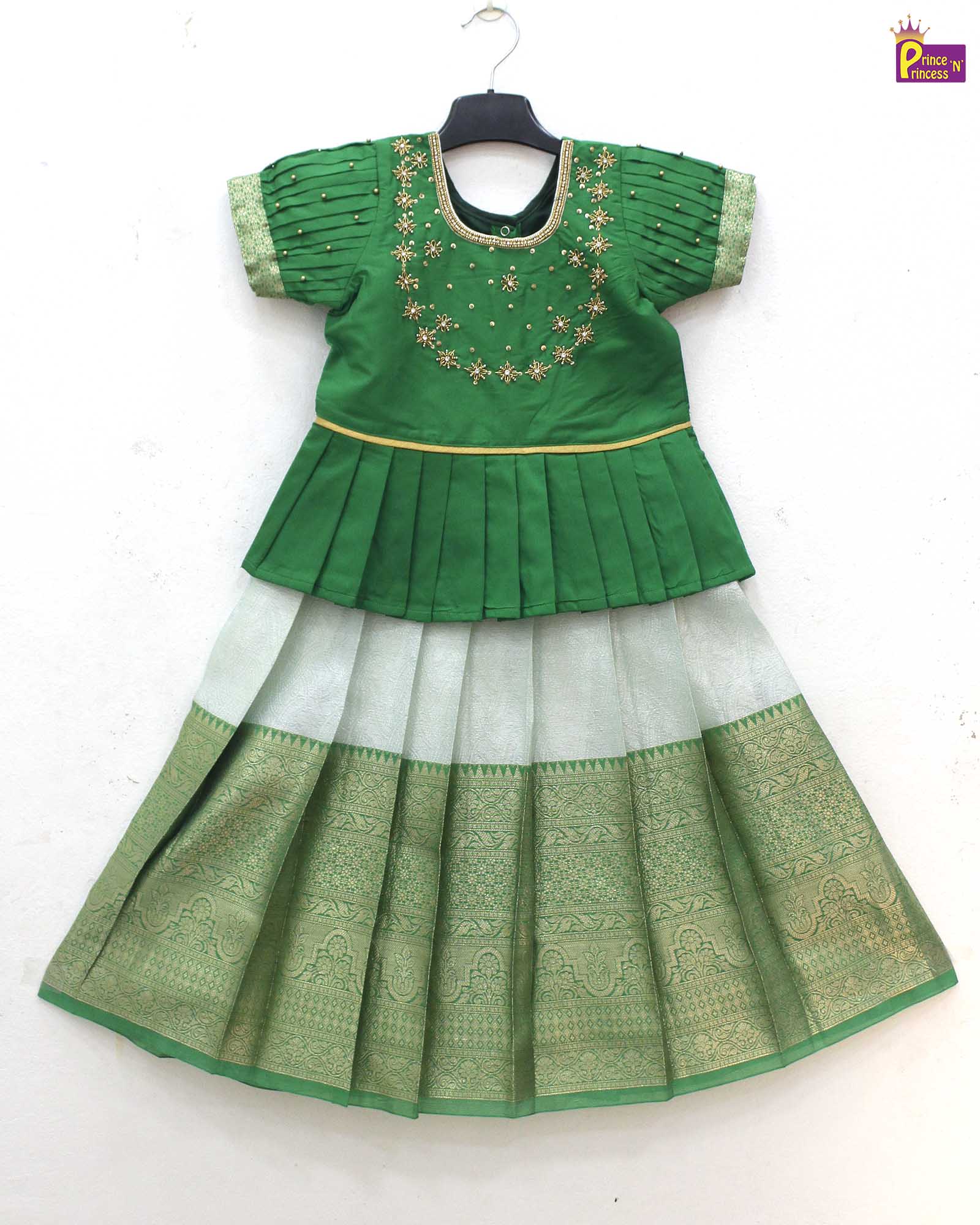 Kids Green Traditional AARI Work pattu Pavadai PPP1687 - Prince N Princess