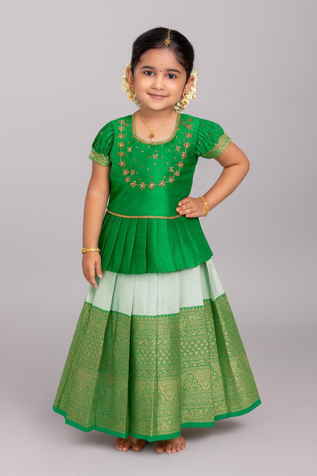 Kids Green Traditional AARI Work pattu Pavadai PPP1687 - Prince N Princess