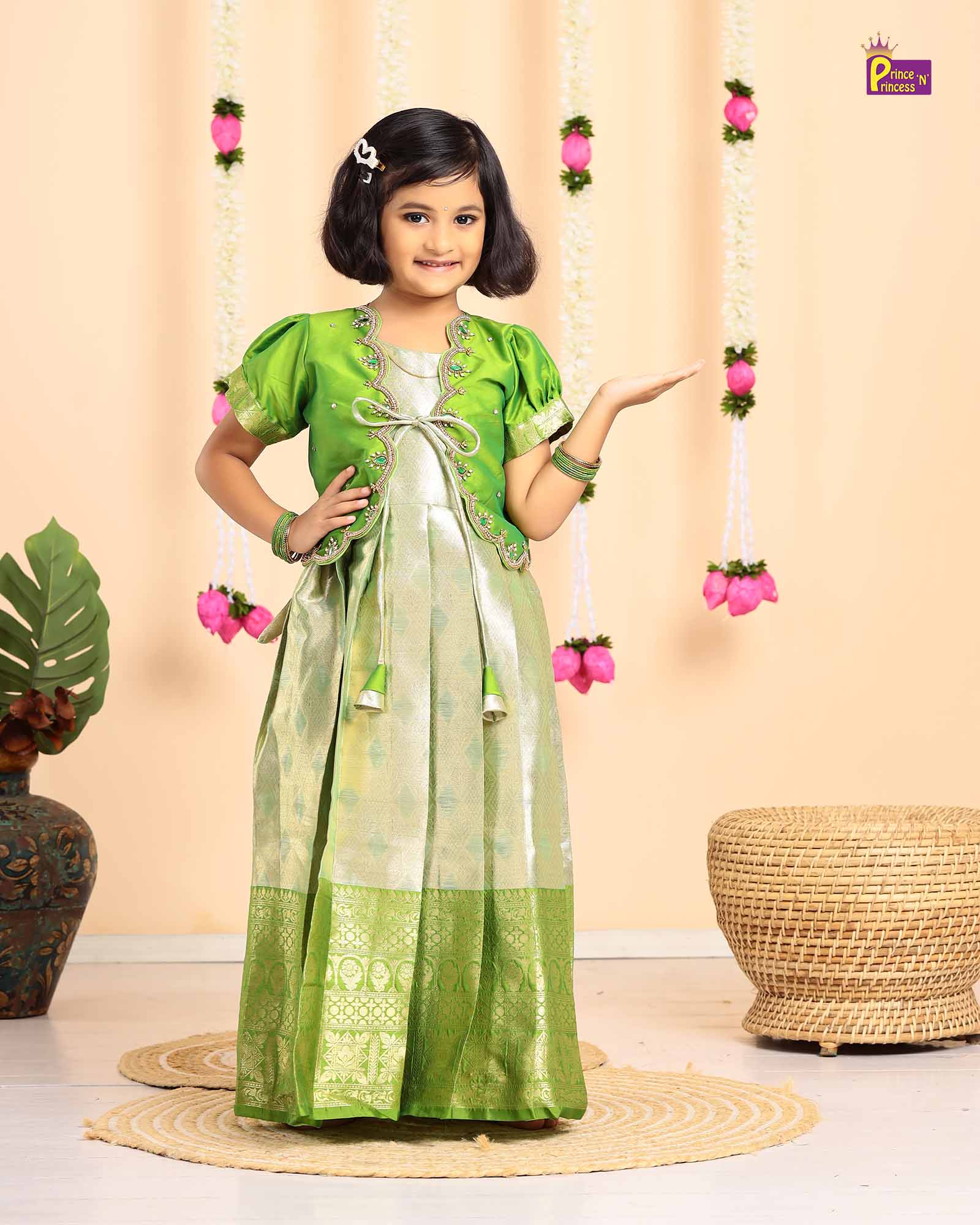 Kids Green Traditional Coat Type Aari Work Long gown PG528 - Prince N Princess