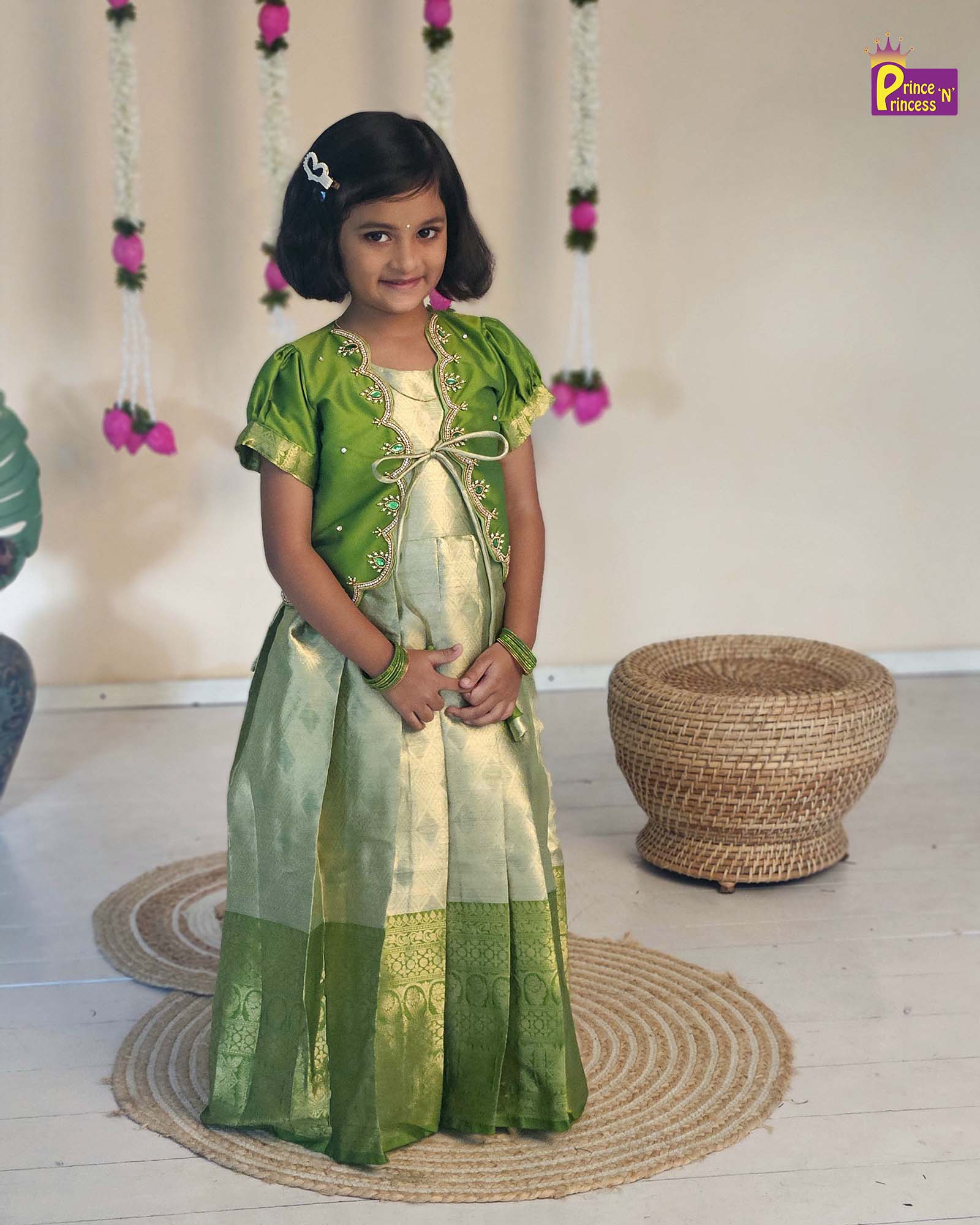 Kids Green Traditional Coat Type Aari Work Long gown PG528 - Prince N Princess