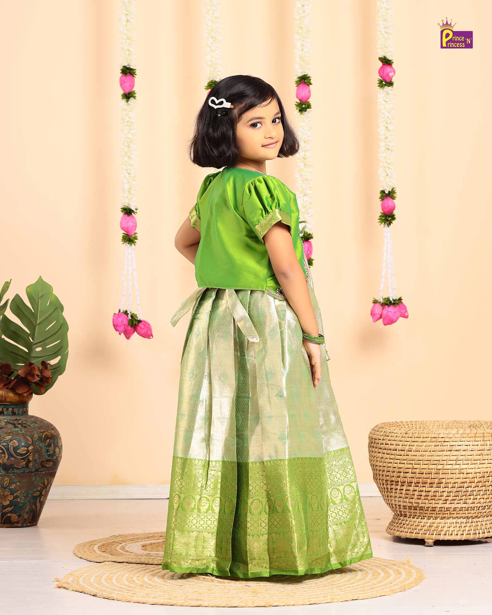 Kids Green Traditional Coat Type Aari Work Long gown PG528 - Prince N Princess