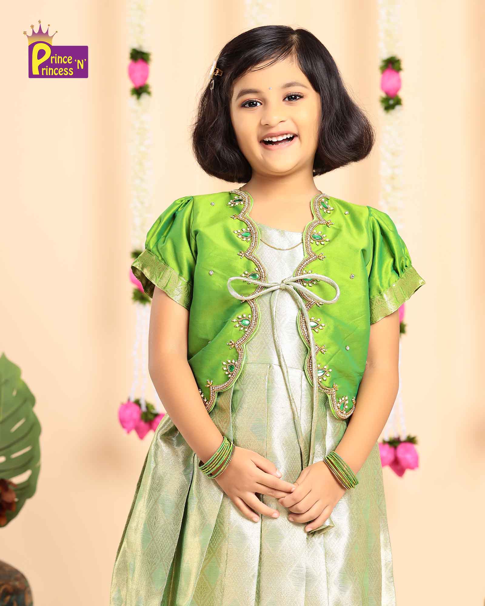 Kids Green Traditional Coat Type Aari Work Long gown PG528 - Prince N Princess
