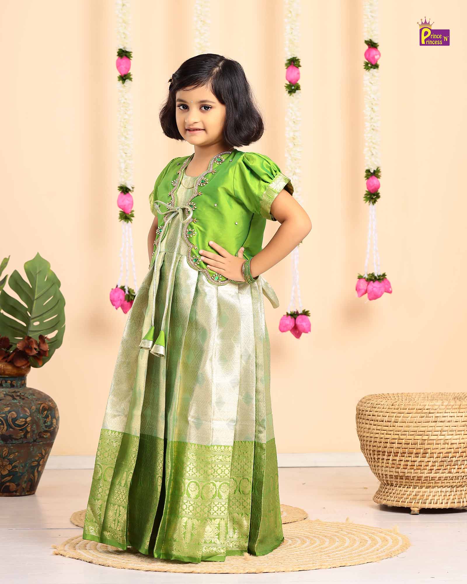 Kids Green Traditional Coat Type Aari Work Long gown PG528 - Prince N Princess