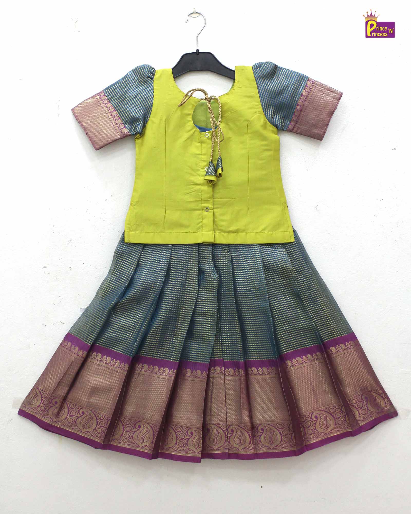 Kids Green With Blue Traditional Pattupavadai PPP1700 for kids festival wear