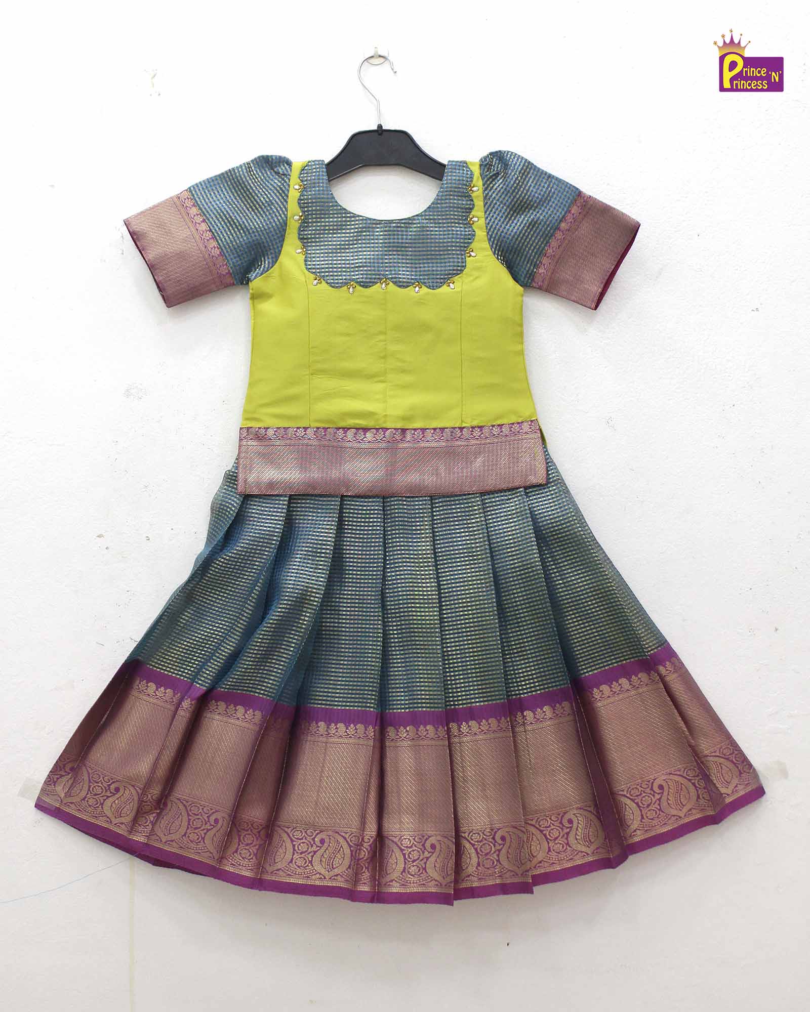 Kids Green With Blue Traditional Pattupavadai PPP1700 for kids festival wear