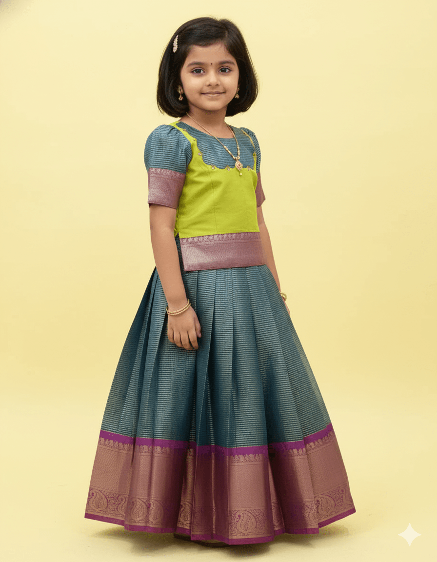 Kids Green With Blue Traditional Pattupavadai PPP1700 for kids festival wear