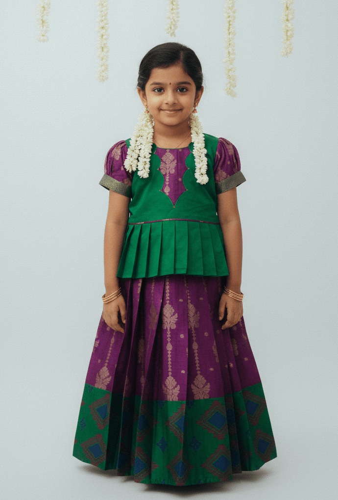 Kids Green with Dark purple Traditional Pattupavadai PPP1689 - Prince N Princess