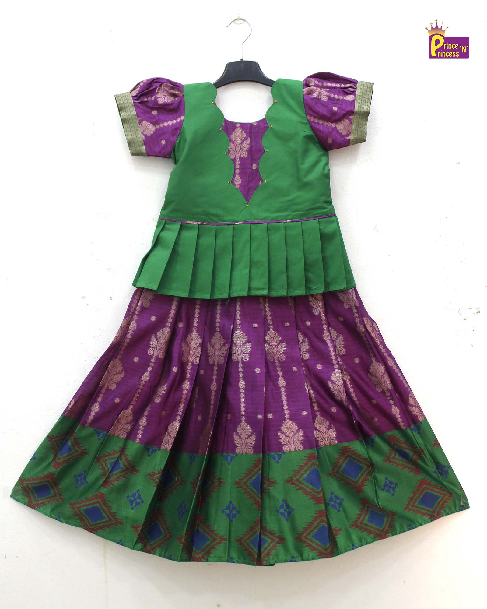 Kids Green with Dark purple Traditional Pattupavadai PPP1689 - Prince N Princess
