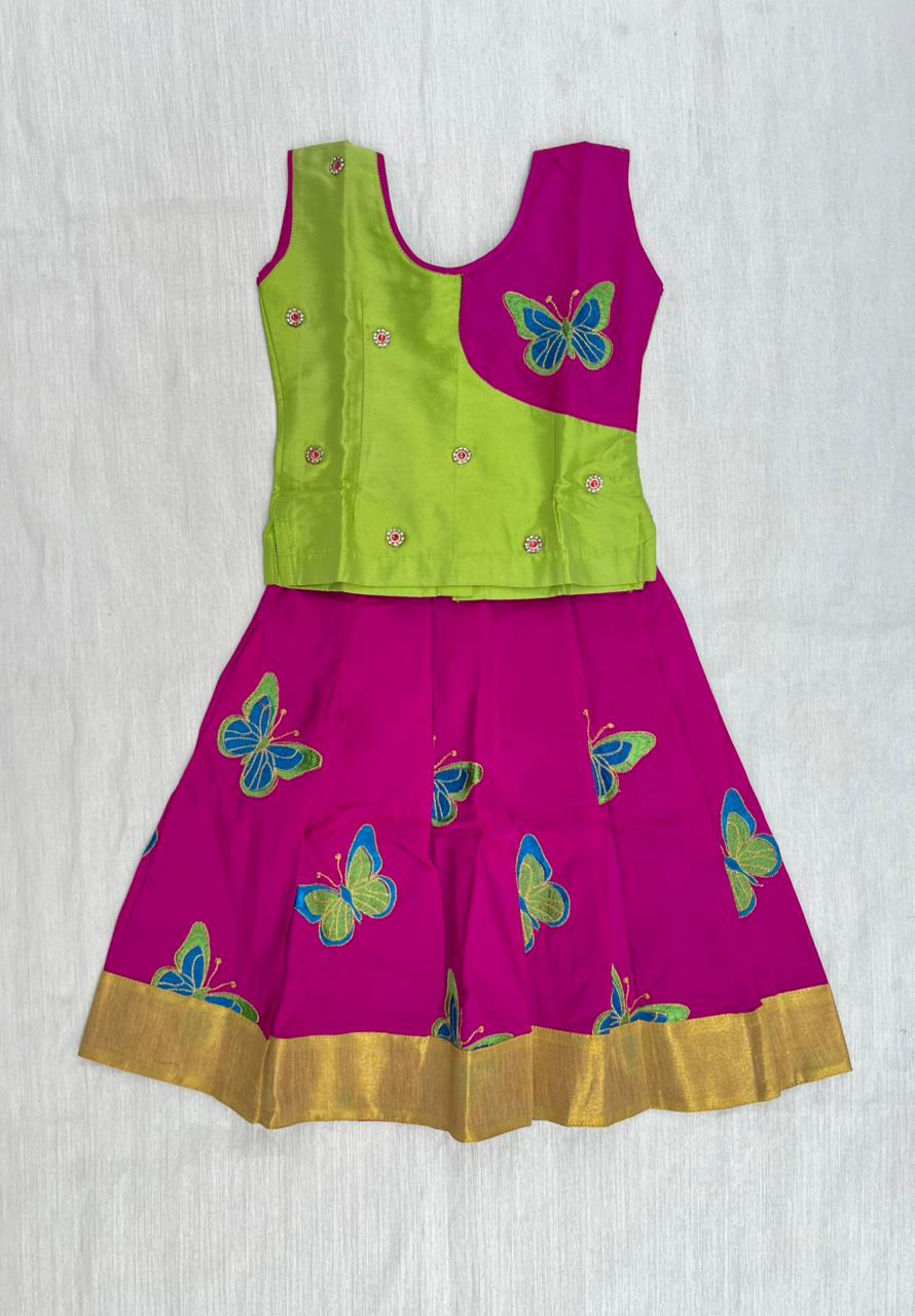 Kids Green With Megenta Embroidery Pattu Pavadai PPP1817 - Prince N Princess