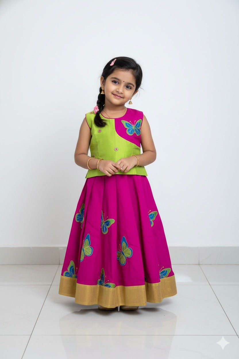 Kids Green With Megenta Embroidery Pattu Pavadai PPP1817 - Prince N Princess