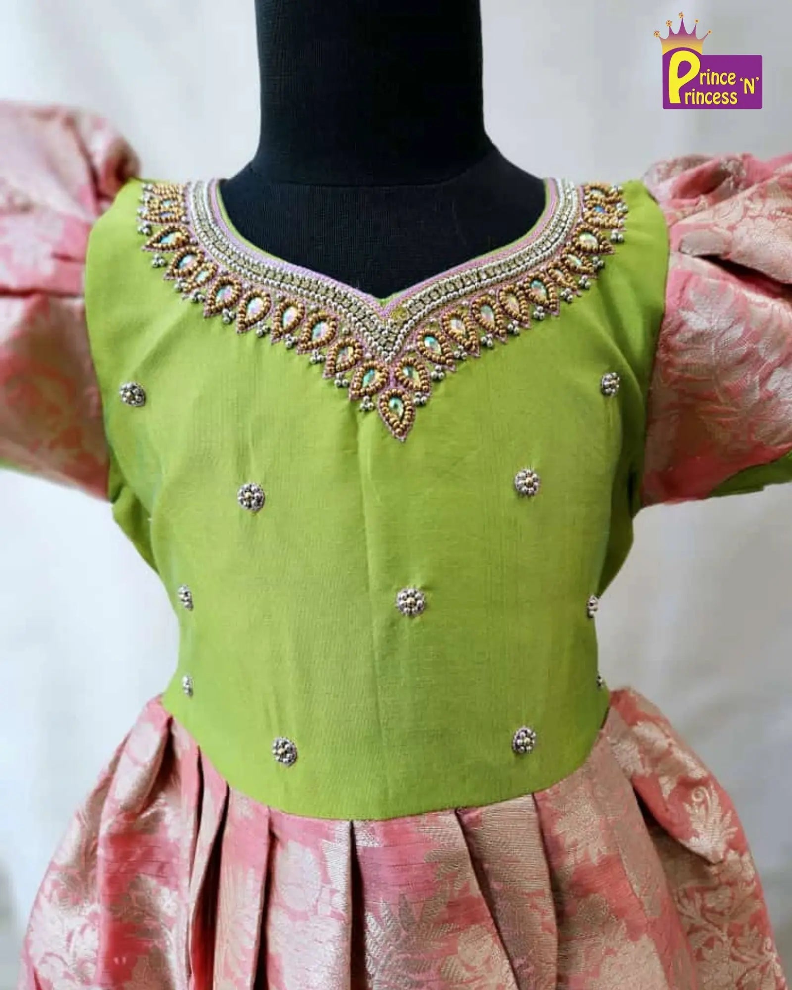 Kids Green With Peach Aari work Traditional Gown PG426 - Prince N Princess