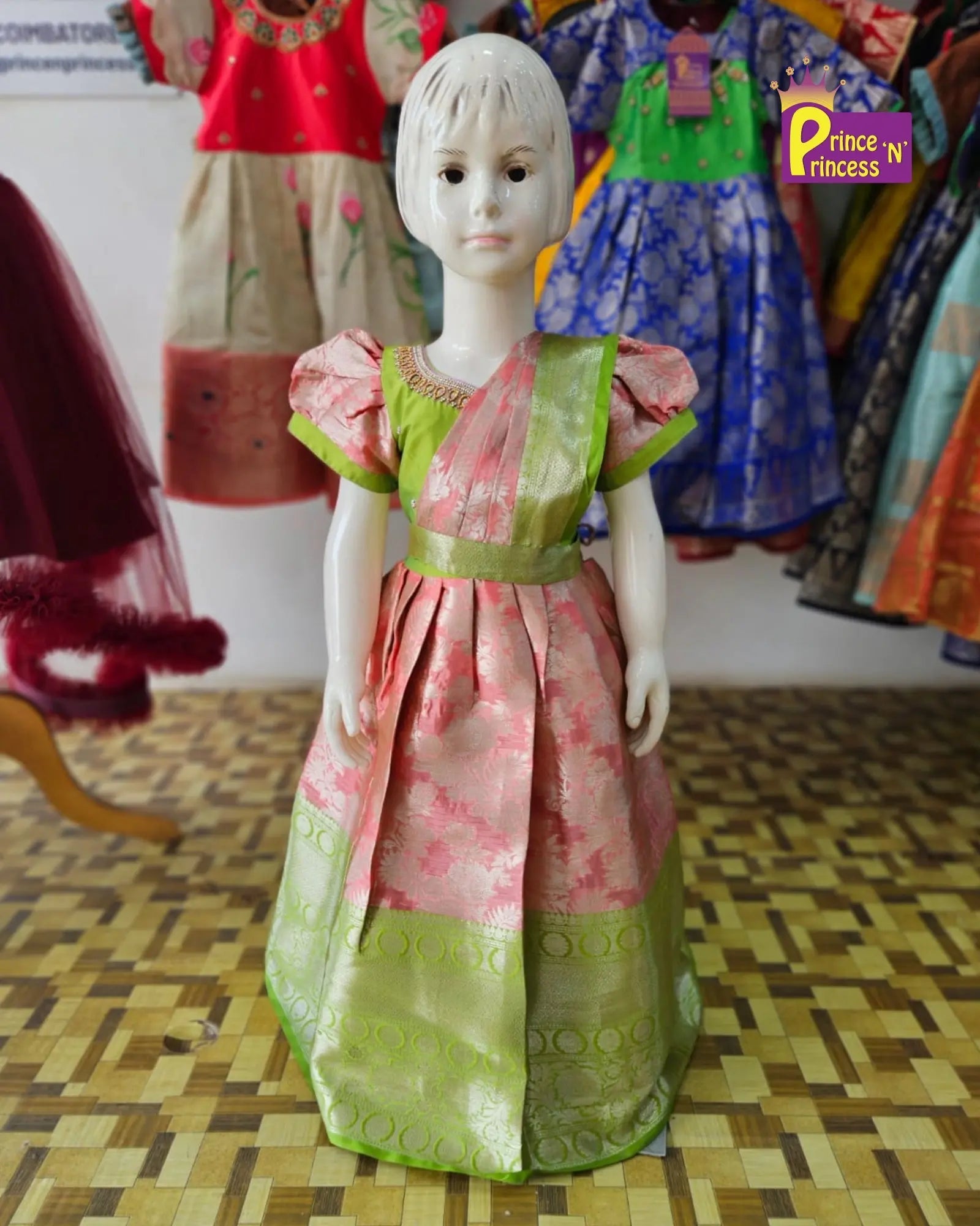 Kids Green With Peach Aari work Traditional Gown PG426 - Prince N Princess