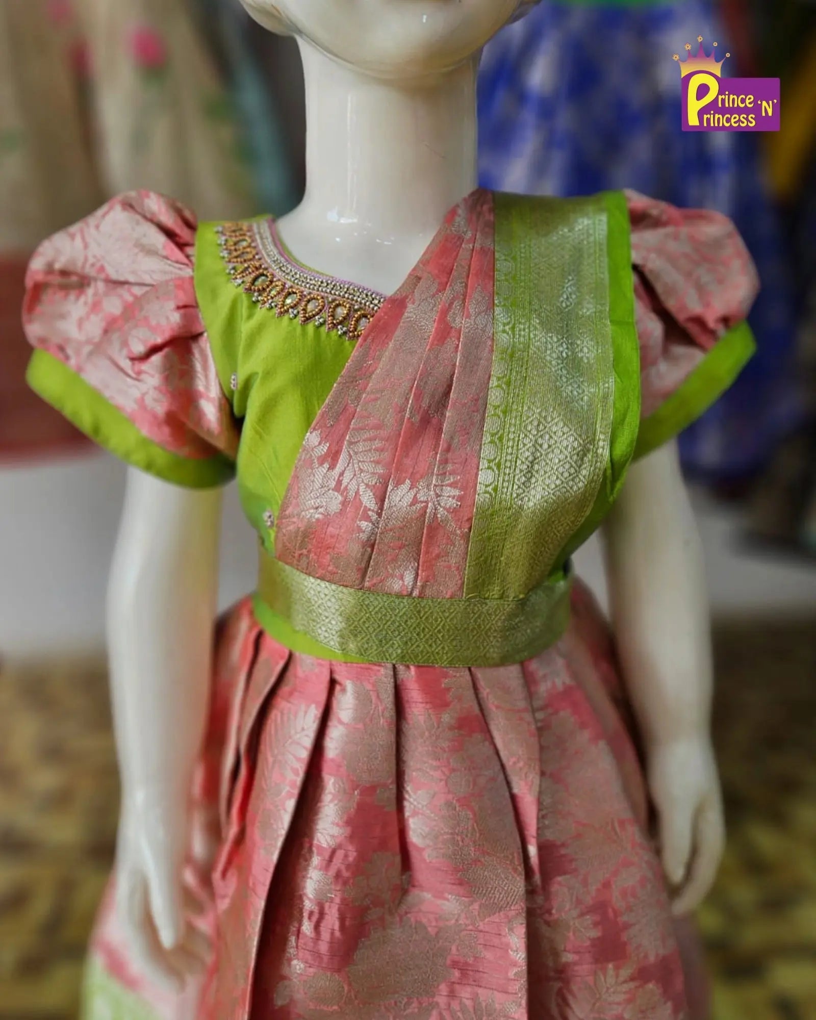 Kids Green With Peach Aari work Traditional Gown PG426 - Prince N Princess