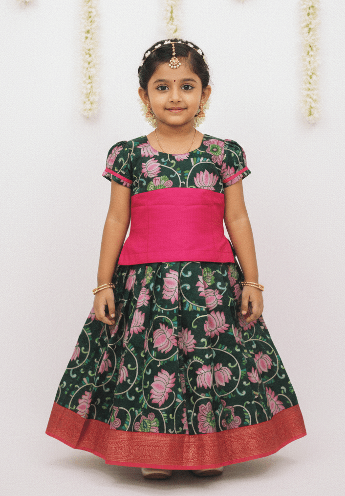 Kids Green With Pink Traditional Pattupavadai PPP1329 - Prince N Princess