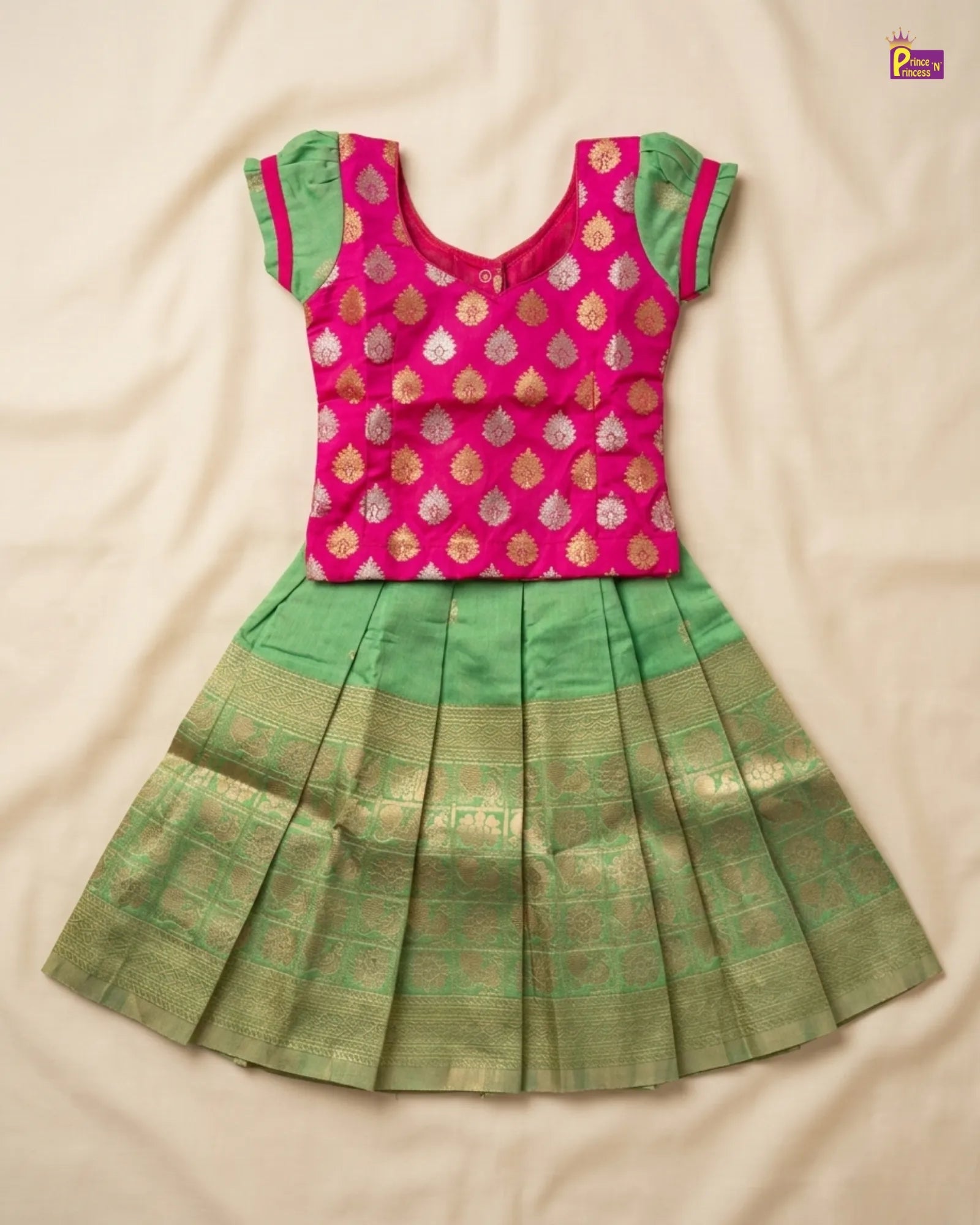 Kids Green With Pink Traditional Pattupavadai PPP1532 for kids festival wear