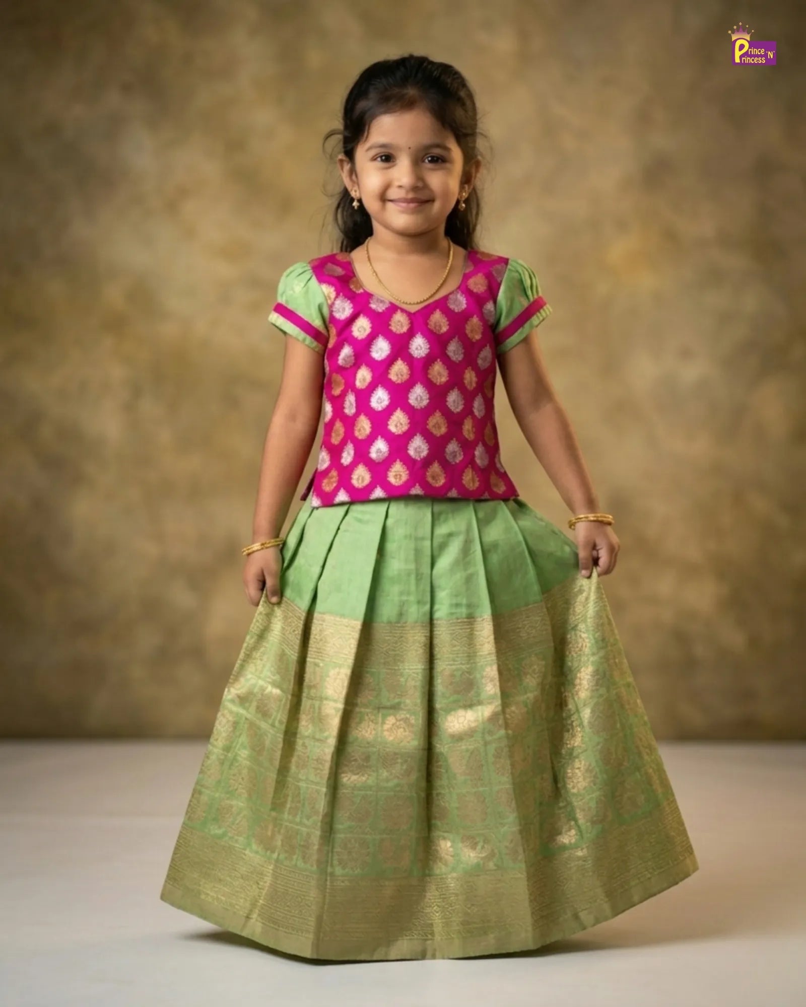 Kids Green With Pink Traditional Pattupavadai PPP1532 for kids festival wear