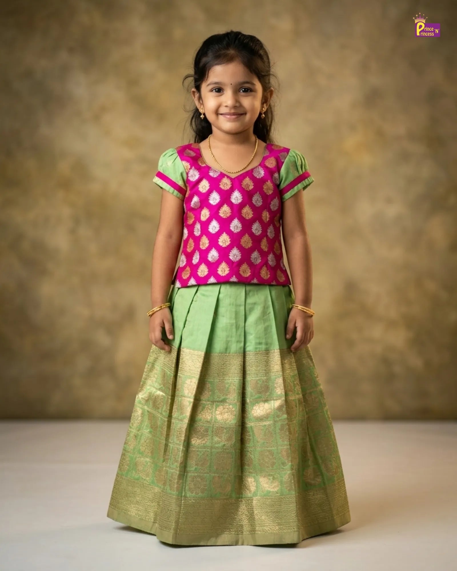 Kids Green With Pink Traditional Pattupavadai PPP1532 for kids festival wear
