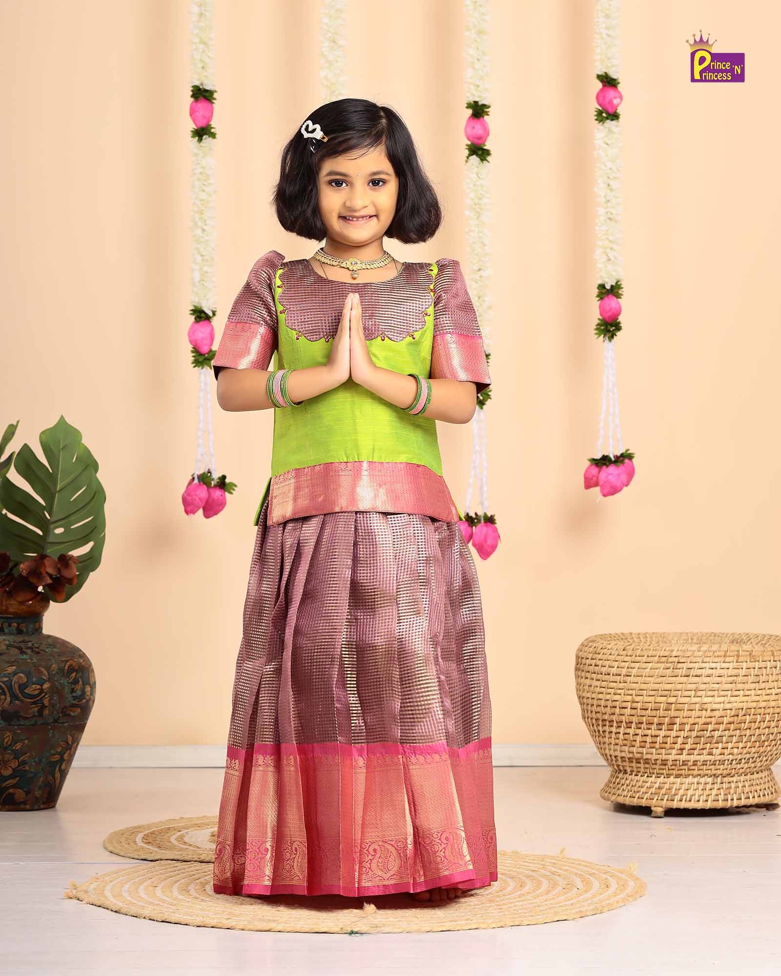 Kids Green with Pink Traditional Pattupavadai PPP1692 - Prince N Princess
