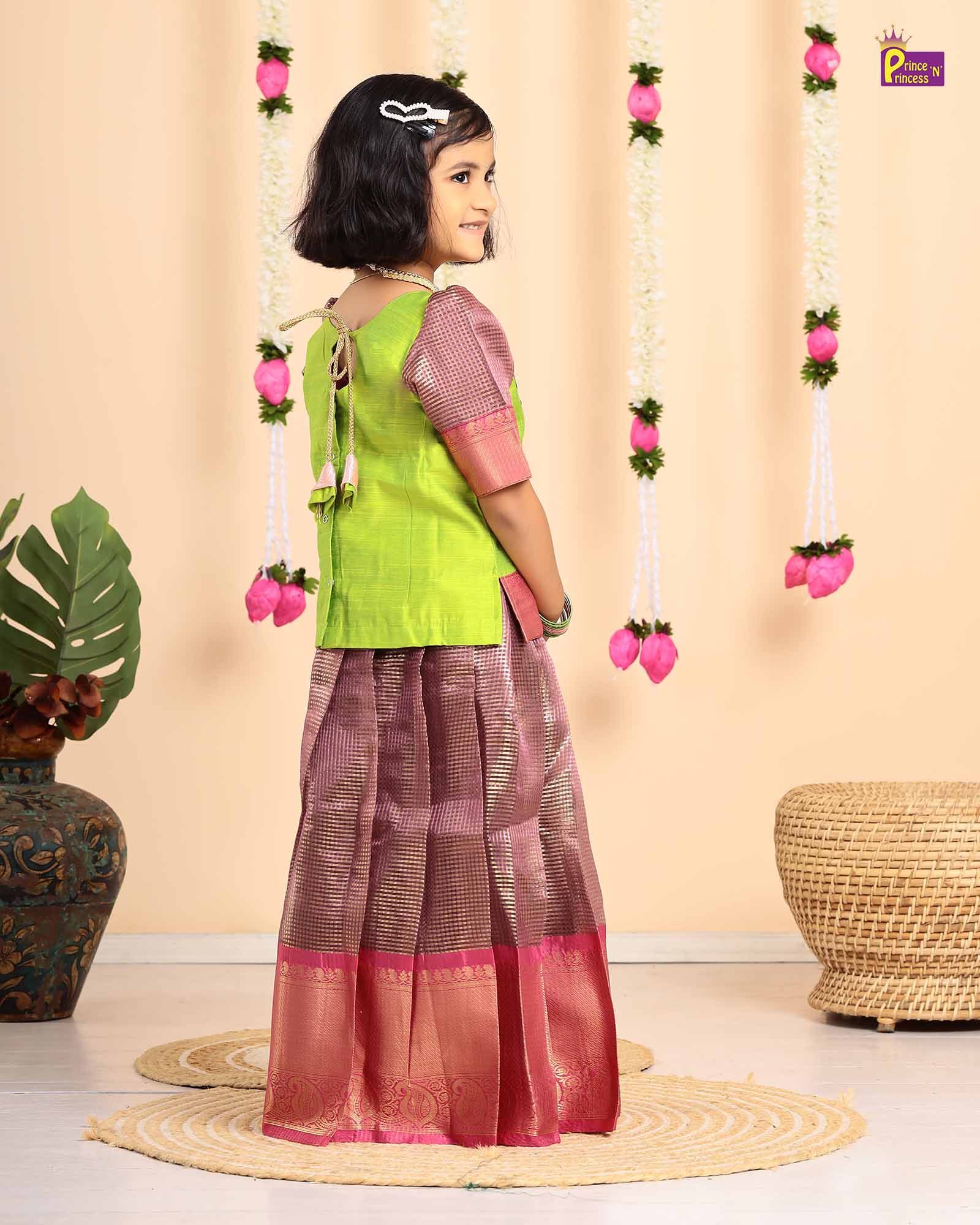 Kids Green with Pink Traditional Pattupavadai PPP1692 - Prince N Princess