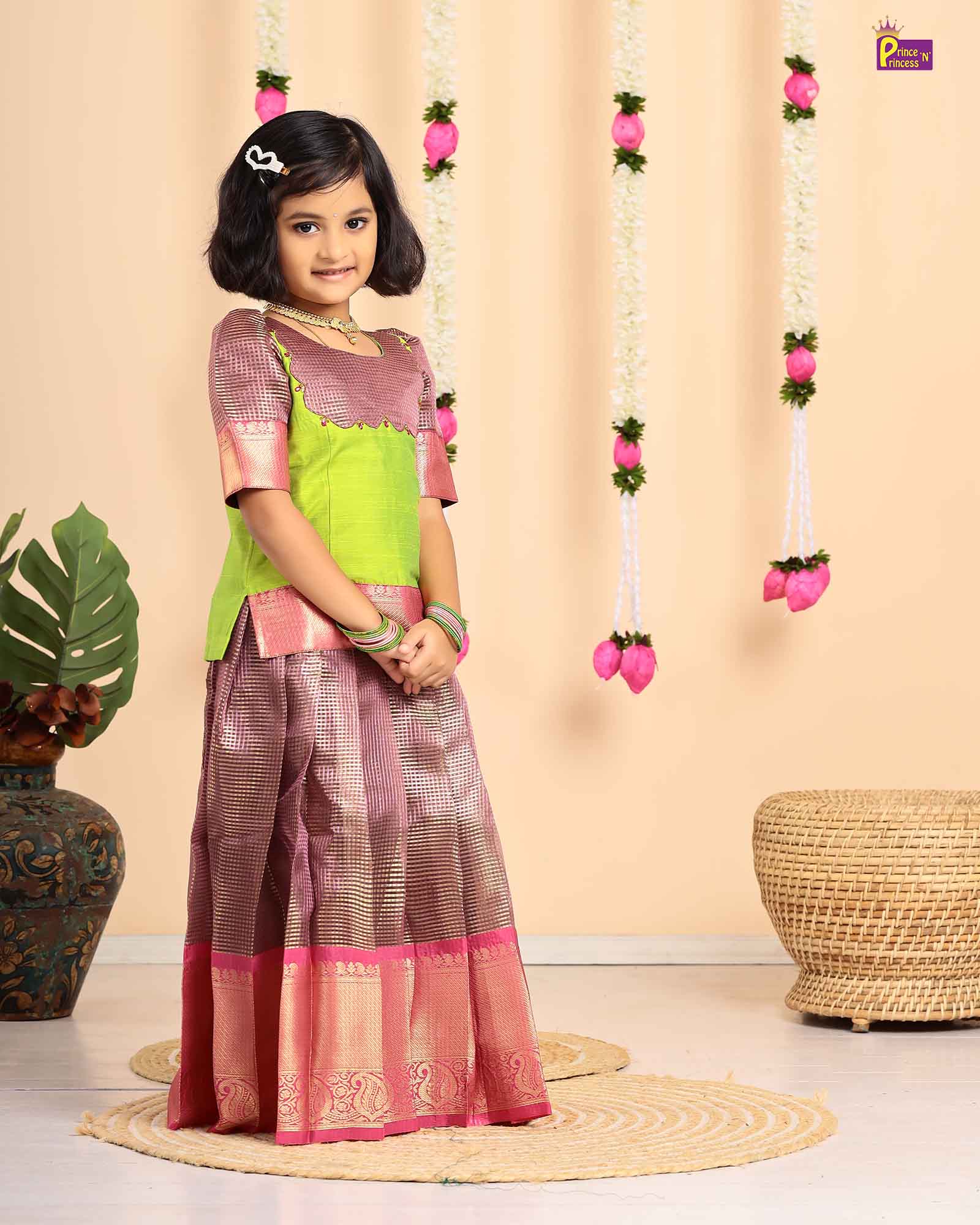 Kids Green with Pink Traditional Pattupavadai PPP1692 - Prince N Princess